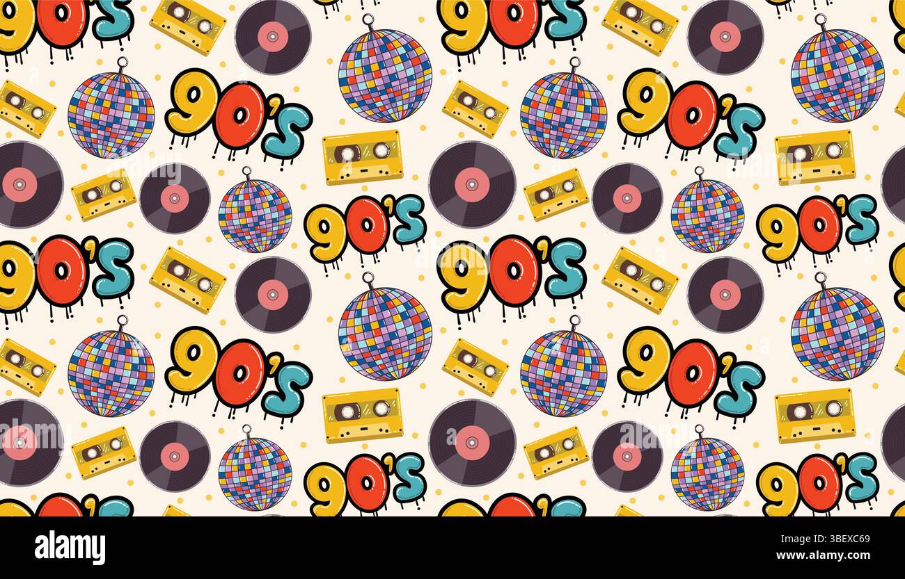 Farbenfrohes, nahtloses Muster mit Symbolen aus den 90er Jahren wie Kassette, Graffiti-Tag, Discokugel und Vinyl. Ein funkiges Retro-Design, ideal für Retro-Themen, Par Stock Vektor