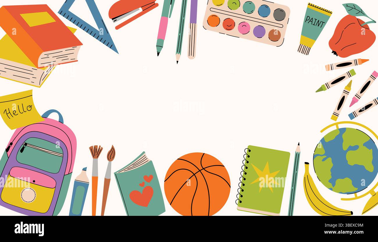 Rechteckiges Back-to-School-Banner im Cartoon-Stil mit Schulutensilien, Büchern, Bleistiften, Rucksack, Farben, Rahmen des weißen Hintergrunds. Kein Text, Stock Vektor