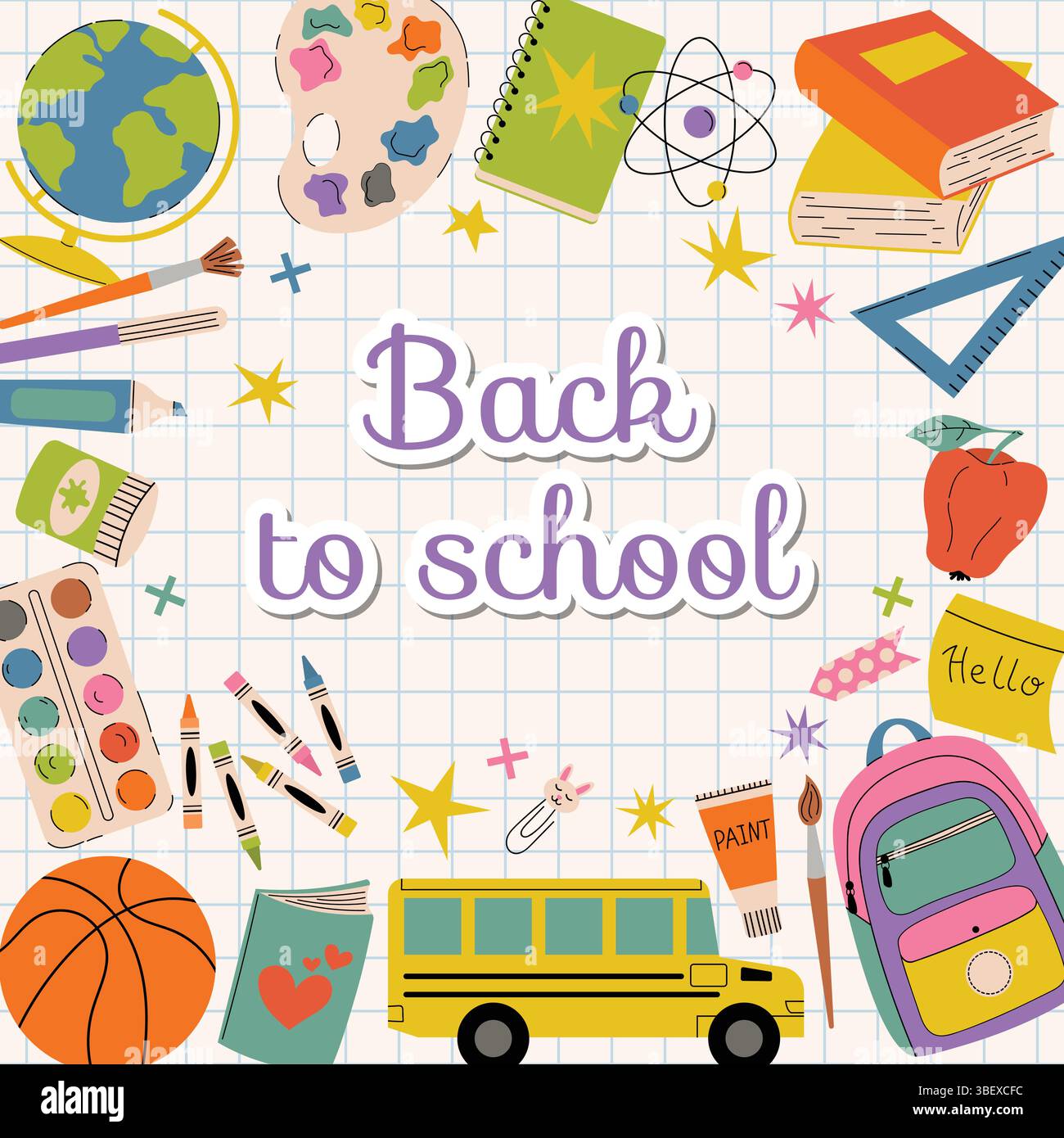 Plakate mit kariertem Hintergrund und Schulutensilien am Rand, Basketball, Bücher, Farben, Bleistifte, Stifte, Rückseite Stock Vektor