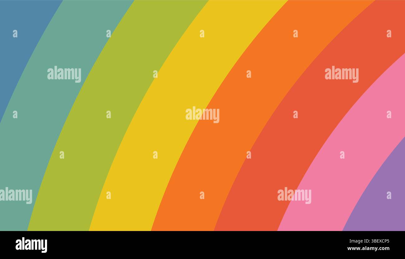 Bunte und fröhlich gestreifte Regenbogenkarte oder Hintergrund im flachen Cartoon-Stil. Mit lebendigen diagonalen Linien in verspielten Regenbogentönen, perfekt für Kinder Stock Vektor