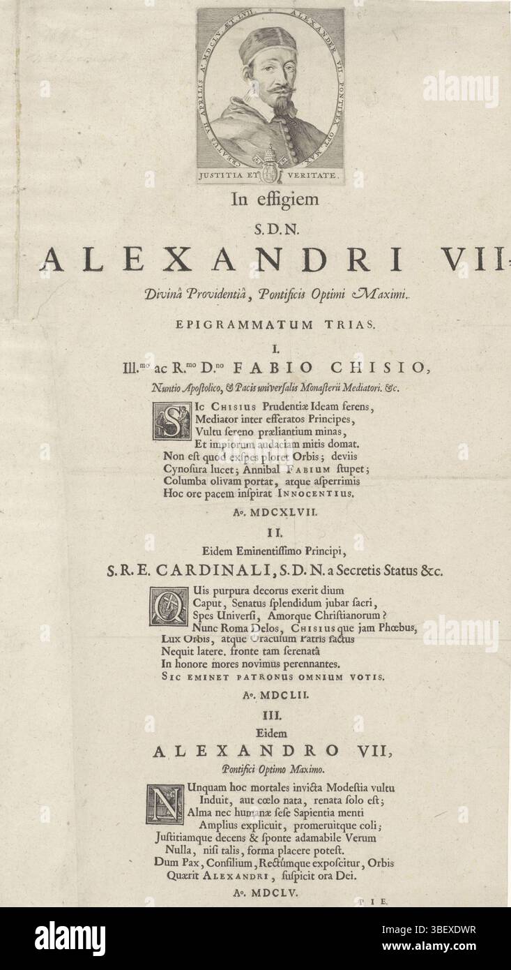 Torte, Visscher, Cornelis (II), Porträt von Papst Alexander VII. Und Texte mit Initialen, rückseitig gestempelt, Druck, Höhe 427 mm, Breite 241 mm, Werkkonzeption, Nordholland, 1629 - 1658-01-16, Druck, 1638 - 1708, Papier, Gravur, Gravur (Druckverfahren), Druckerei, Schriftsteller Stockfoto
