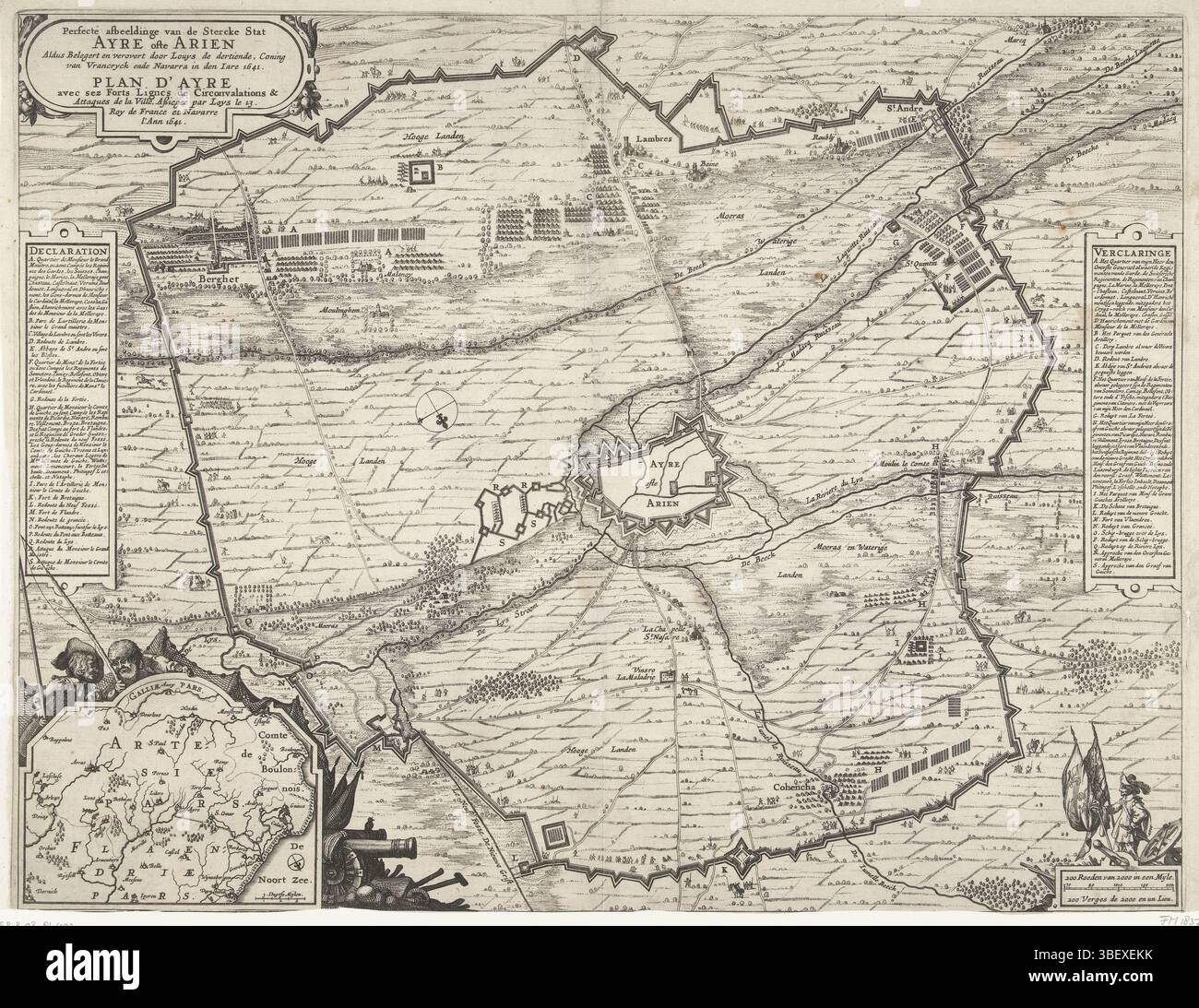 Amsterdam, Visscher, Claes Jansz. II), Nordholland, Schut, Pieter Hendricksz., Plan d'Ayre avec sez Forts Lignes de Circonvalations & Attaques de la Ville, Assiegée par Loys le 13. Roy de France et Navarra l'Ann 1641, perfektes Bild der Stercke Stat Ayre ofte Aren so belagert und erobert von Louys de dreizehnten, coning van Vrancryck ende Navarra in den Jare 1641, Karte der Belagerung von Aire-sur-la-Lys, 1641, Amsterdam, Karte der Belagerung und Eroberung von Aire-sur-la-Lys (Arien) durch die französische Armee von König Ludwig XIII. Mai - 27. Juli 1641. Zentral eine Karte der Stadt mit der Festung Stockfoto