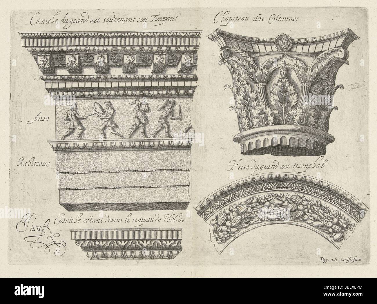 Frankreich, Baugin, J., Frankreich, Beuf, Jean, Corniche du Grand Arc Soustenant Son Timpan, Chapiteau des Colomnes, Friesen und eine Hauptstadt am römischen Triumphbogen in Orange, 1639, mehrere Pommes Frites und eine Hauptstadt am römischen Triumphbogen in Orange. Unten rechts markiert: 28. Troisiesme., Druck, Frederik Müller Geschichtsplatten, Höhe 212 mm, Breite 296 mm, Druckmaschine, 1637 - 1640, zweites Viertel 17. Jahrhundert, Papier, Gravur, Gravur (Druckverfahren), Französisch, Drucker Stockfoto
