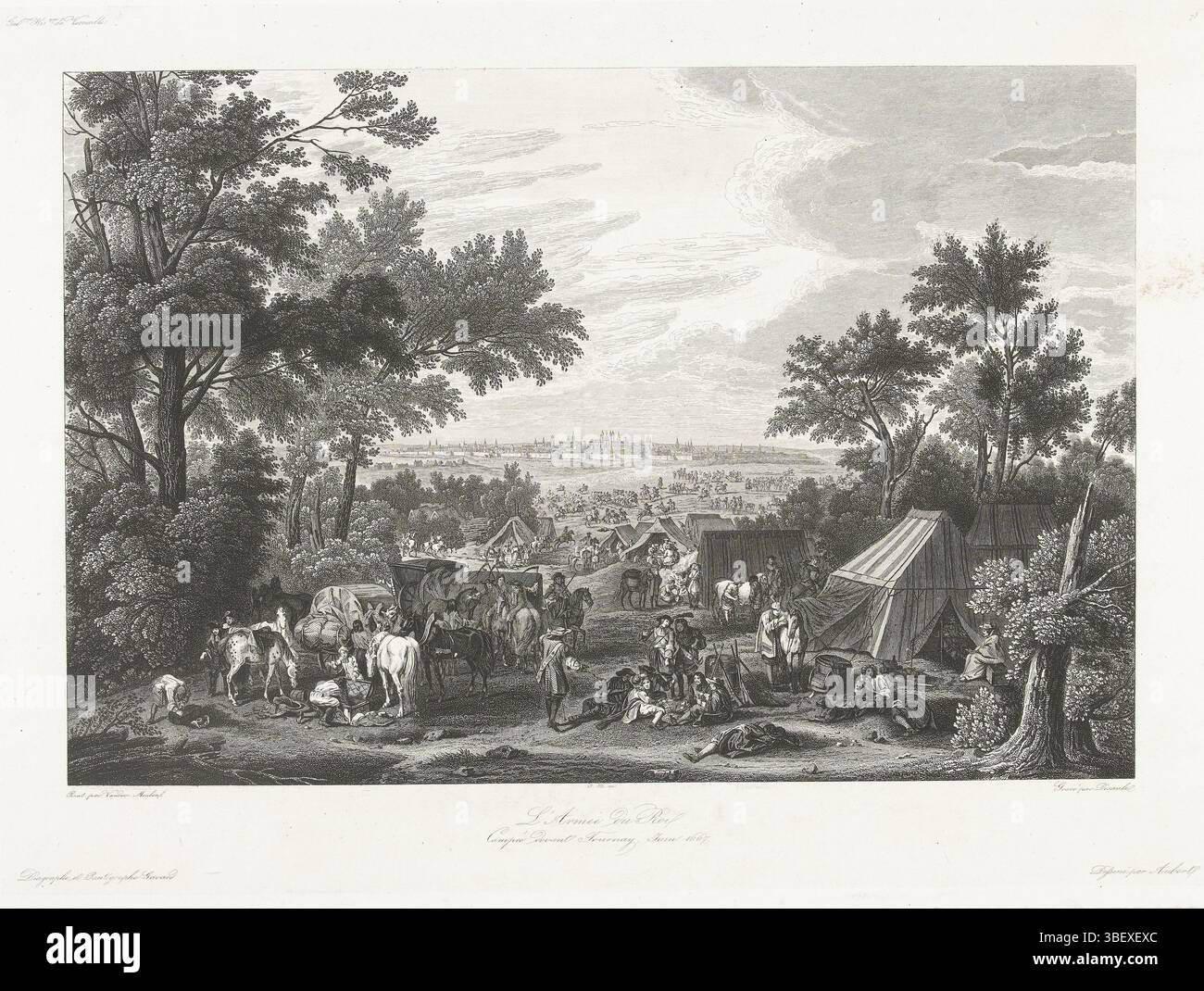 Aubert, Gabriel, Meulen, Adam Frans van der, Frankreich, Desaulx, Jean, L’Armée du Roy Campée devant Tournay, Juin 1667, französische Armee für Tournai, 1667, französische Armee Ludwigs XIV. Stationiert für Tournai (Doornik), Juni 1667. Gesicht im französischen Armeelager mit streikenden Soldaten in Zelten, in der Ferne das Profil der Stadt., Druck, Historiker, Drucke, Frederik Müller Geschichtsplatten, Höhe 300 mm, Breite 403 mm, Französisch, Druckerei, 1835 - 1835, zweites Quartal 19. Jahrhundert, Chinese collé, Ätzen, Südholländisch, 11.01.2011 - 1632 1690-10-15, nach, nach dem Lackieren, 24. 07.03.2016 1784 1847, intermed Stockfoto