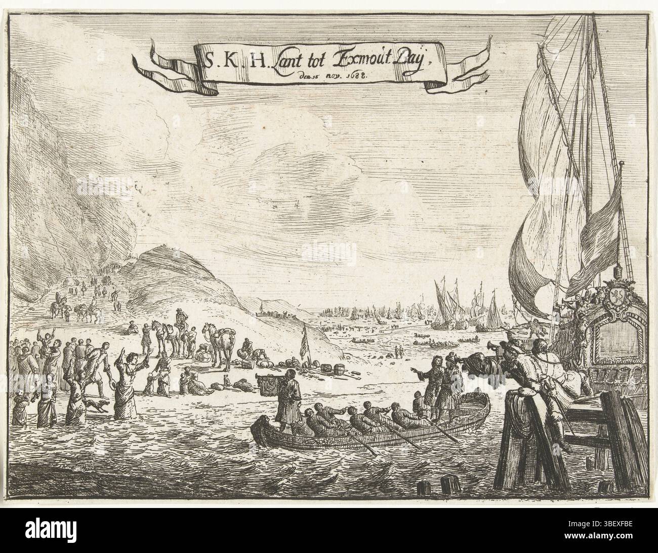 Nordholland, vier Platten über der Landung und Aufnahme von Willem III. In England 1688, S.K.H. Lant nach Exmout Bay, den 15. November 1688, Landung des Prinzen in Exmouth Bay, 1688, Nordholland, Prinz Willem III. Und seine Armee gehen in das Dorf Brixham an Land. Die Einheimischen gehen ins Wasser, um ihn zu begrüßen, 15. November 1688., Druck, Frederik Müller Geschichtsplatten, Höhe 165 mm, Breite 216 mm, Druckmacher, 1688 - 1689, viertes Viertel 17. Jahrhundert, Papier, Ätzen, Ätzen Stockfoto