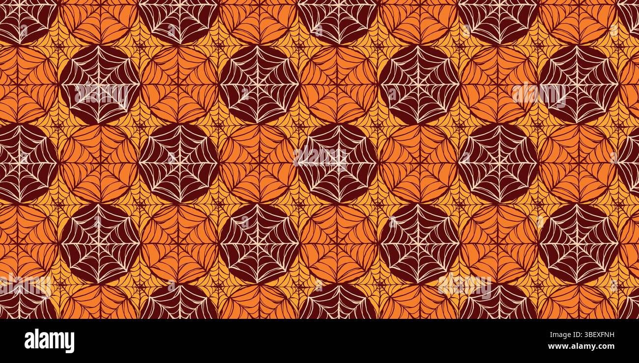 Halloween Spinnennetze in nahtlosem Muster isoliert auf orangefarbenem und braunem Hintergrund. Bunte und kräftige Herbsttöne mit klassischen Websteinen, die sich hervorragend zum Aufdrucken eignen Stock Vektor