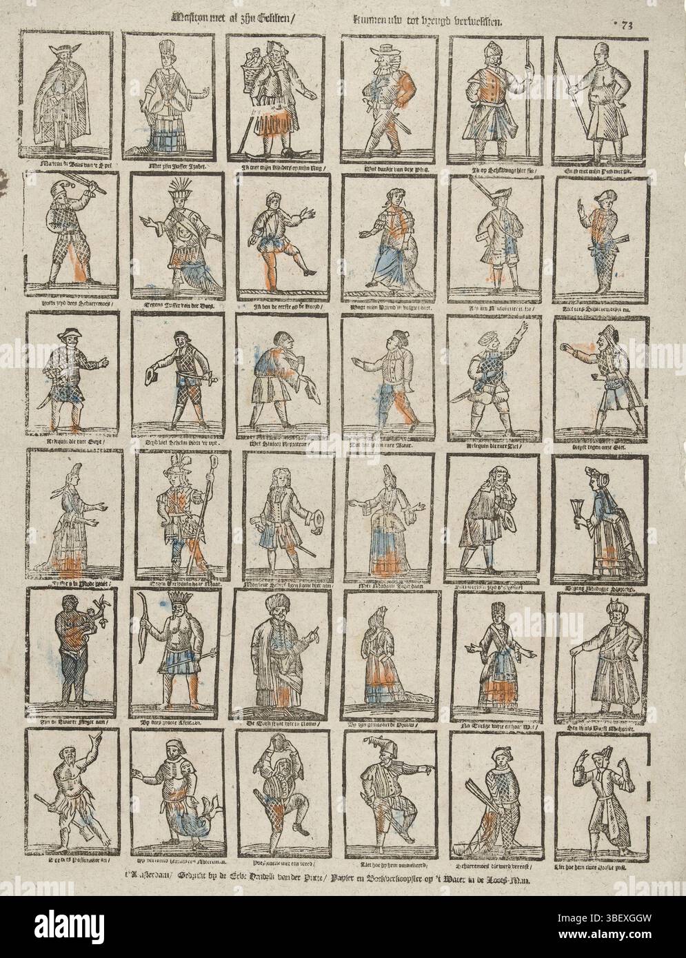 Niederlande, Amsterdam, Kannewet, Johannes (II), Putte, Erven Hendrik van der, Masiton mit all seinen Verrückten, kann Joy, Netherlands, Sheet mit 36 Darbietungen von Masiton und allen möglichen coolen Charakteren, Akrobaten, Ausländern, Schauspielern etc., das sogenannte Maxton Game, erschaffen. Unter jedem Bild eine Beschriftung. Nummeriert oben rechts: *73., Druck, Folk Prints, Prints, Frederik Müller Geschichtsplatten, Höhe 427 mm, Breite 320 mm, Niederländisch, Verkäufer, 1767 - 1793, Papier, Holzschnitt, Buchdruck, Buchdruck, Farbe, Publikation (Veranstaltung), Publikation, Verlag, Druckerei, Drucker Stockfoto
