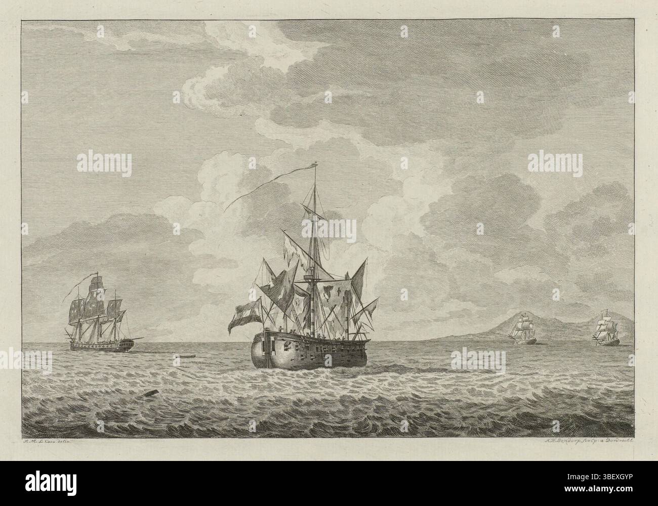 Cave, P.M. la, Dordrecht, Bendorp, Carel Frederik (I), drei Aufzeichnungen der Eckschiffsfrau Machtelyna, Eckschiffsfrau Machtelyna nach dem Kampf mit der englischen Fregatte Diamond für Curacao, 1782, verso-gestempelt, die niederländische bewaffnete Eckschiffsfrau Machtelyna nach dem Kampf mit der englischen Fregatte de Diamant, vor Curacao am 16. Juni 1782. Das englische Kriegsschiff flüchtet nach der Ankunft zweier niederländischer Kriegsschiffe. Teil einer Serie von drei Platten der Schlacht des Eckschiffes Machtelyna mit der englischen Fregatte Diamond für den Hafen von Curacao am 16. Juni 1782, Druck Frederik Muller Historypl Stockfoto