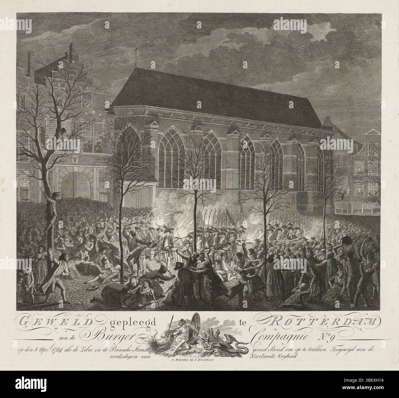 Rotterdam, Bronkhorst, Jacobus, Noordelijke Nederlanden, Roode, Theodorus de, Gewalt in Rotterdam aen de Burger Compagnie No. 9 op den 3 Aprl. 1784, Treffen zwischen der 9. BurgerCompagnie und Orangisten in Rotterdam, 1784, Rotterdam, Nordholland, verso - gestempelt, treffen zwischen der 9. BurgerCompagnie und Orangisten in der Prinsenstraat in Rotterdam am Abend des 3. April 1784. Die Kompanie unter Oberstleutnant Elsevier eröffnet das Feuer auf die Menge. In der Bildunterschrift ein allegorisches Emblem mit der städtischen Jungfrau von Rotterdam, die sich mit dem Schild von Compag verteidigt Stockfoto