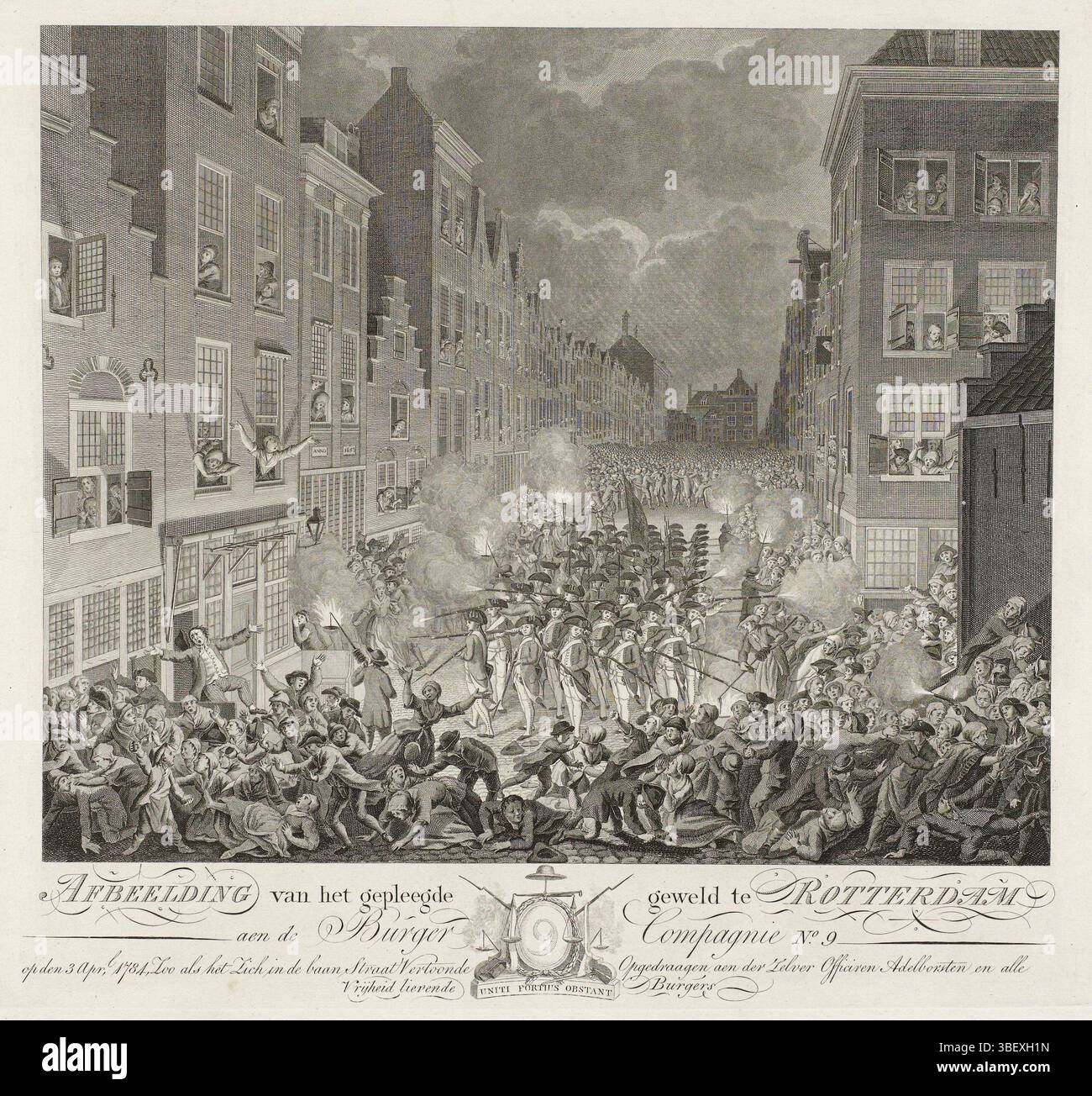 Rotterdam, Bronkhorst, Jacobus, Noordelijke Nederlanden, Roode, Theodorus de, Bild der Gewalt in Rotterdam aen de Burger Compagnie No. 9 op den 3. Aprl. 1784, Treffen zwischen der neunten Bürgergesellschaft und den Orangisten in Rotterdam, 1784, Rotterdam, Nord-Niederlande, verso - gestempelt, Treffen zwischen der 9. Bürgergesellschaft und Orangisten in der Prinsenstraat in Rotterdam am Abend des 3. April 1784. Die Kompanie unter Oberstleutnant Elsevier eröffnet das Feuer auf die Menge. In der Bildunterschrift das Emblem der BurgerCompagnie Nr. 9 und eine Zuordnung zu 'der Zelver Officers Adelbort Stockfoto
