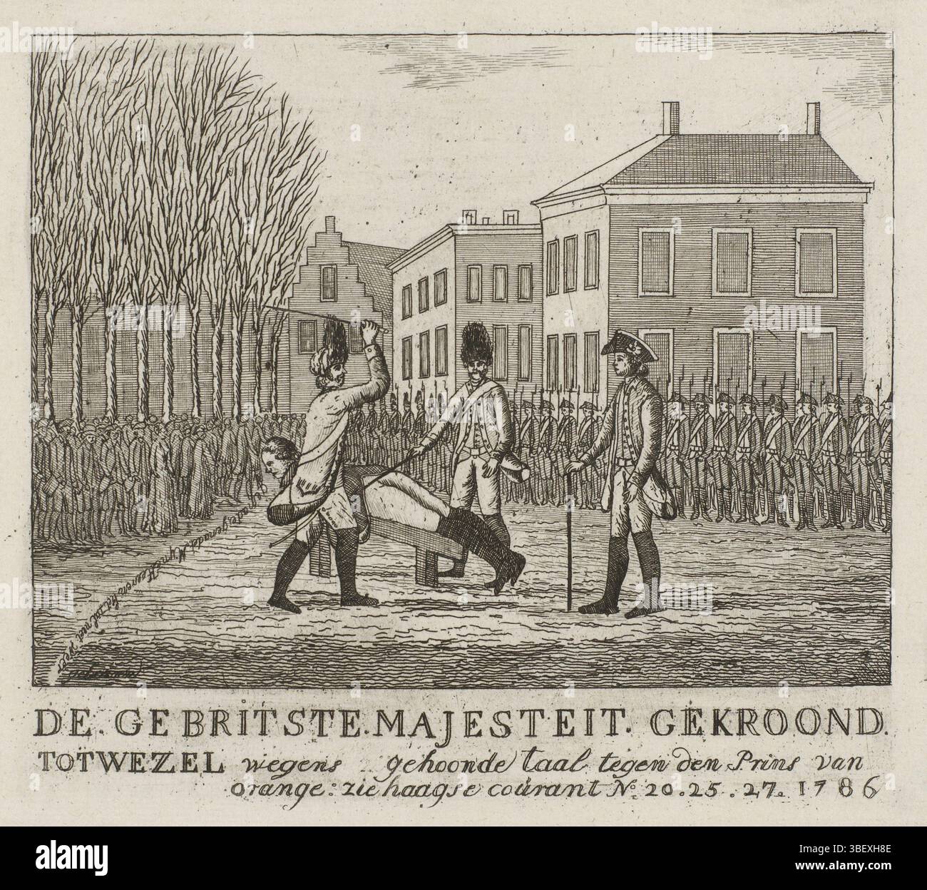 Nordholland, die britische Majestät krönte Weasel, für eine verfeinerte Sprache gegen den Prinzen von Orange, Seling eines Soldaten, 1786, Nordholland, verso-gestempelt, öffentliche Bestrafung eines Soldaten für die Löschung des Prinzen von Orange. Auf einer Holzziege schleudern, vor einer Gruppe von Soldaten und der Öffentlichkeit, 1786. In der Unterschrift Bezug auf den Haager Courant, Nr. 20, 25 und 27., Druck, Frederik Müller Geschichtsplatten, Höhe 178 mm, Breite 198 mm, Druckmacher, 1786 - 1786, Papier, Ätzen, Gravieren, Gravieren (Druckverfahren)“ Stockfoto