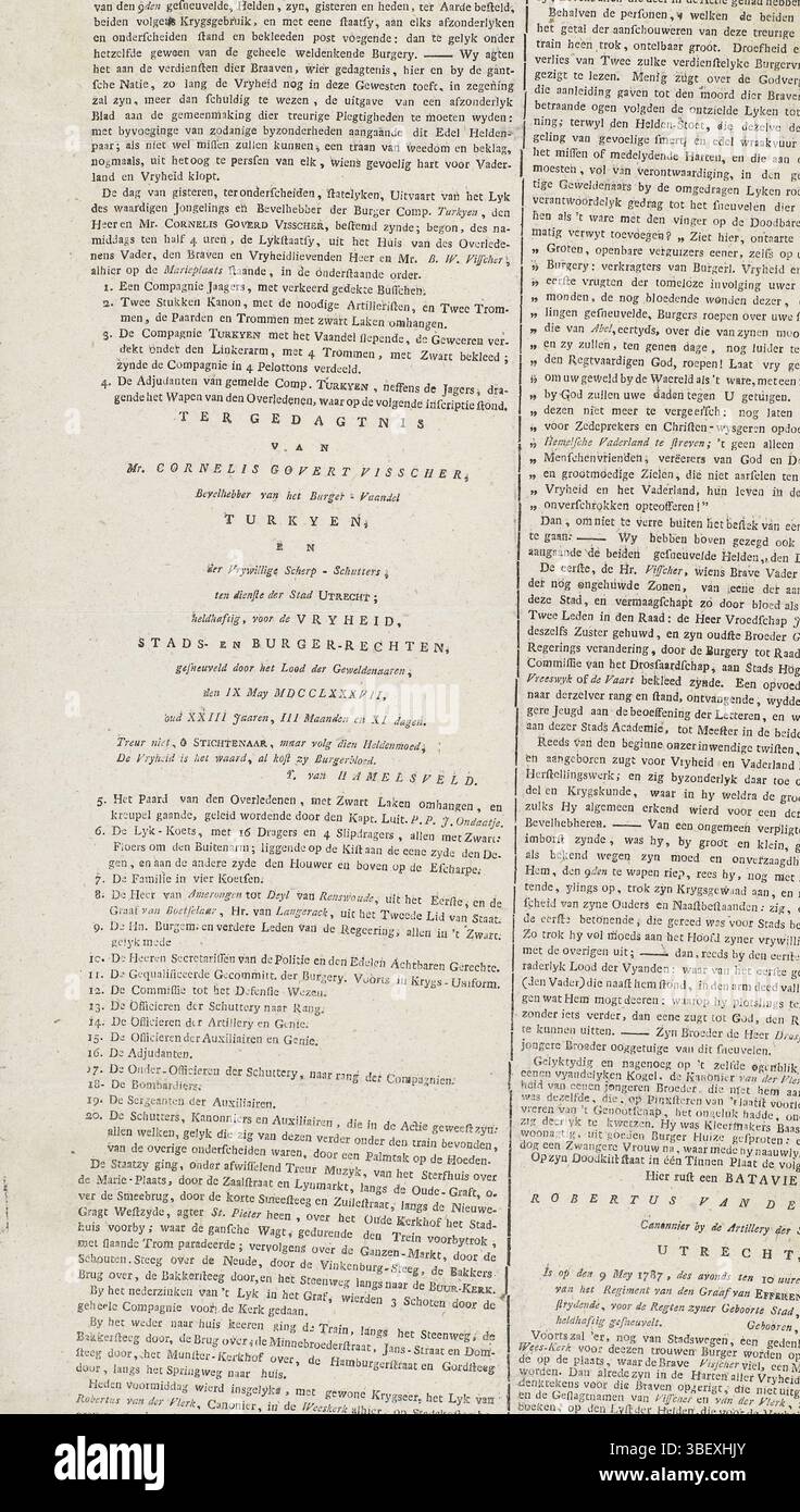 Utrecht, Sonderbeauftragter Utrechtse Courant. Donnerstag, 17. Mai. Ao. 1787. Nr. 7, Extraordinaire Utrechtse Courant vom 17. Mai 1787, Utrecht, verso - gestempelt, Episode Nr. 7 des Extraordinaire Utrechtse Courant vom 17. Mai 1787 mit einem Bericht über die Beerdigung von Cornelis Govert Visscher (schlief am 9. Mai in Vreeswijk) in Utrecht am 15. Mai 1787. Blatt bedruckt mit schwarzen Trauerrändern, Text in zwei Spalten, oben das Stadtwappen von Utrecht., Zeitung, Drucke, Frederik Müller Geschichtsplatten, Höhe 429 mm, Breite 255 mm, Publikation (Ereignis), Publikation, Herausgeber, 17. Mai 1787 - 1787- Stockfoto