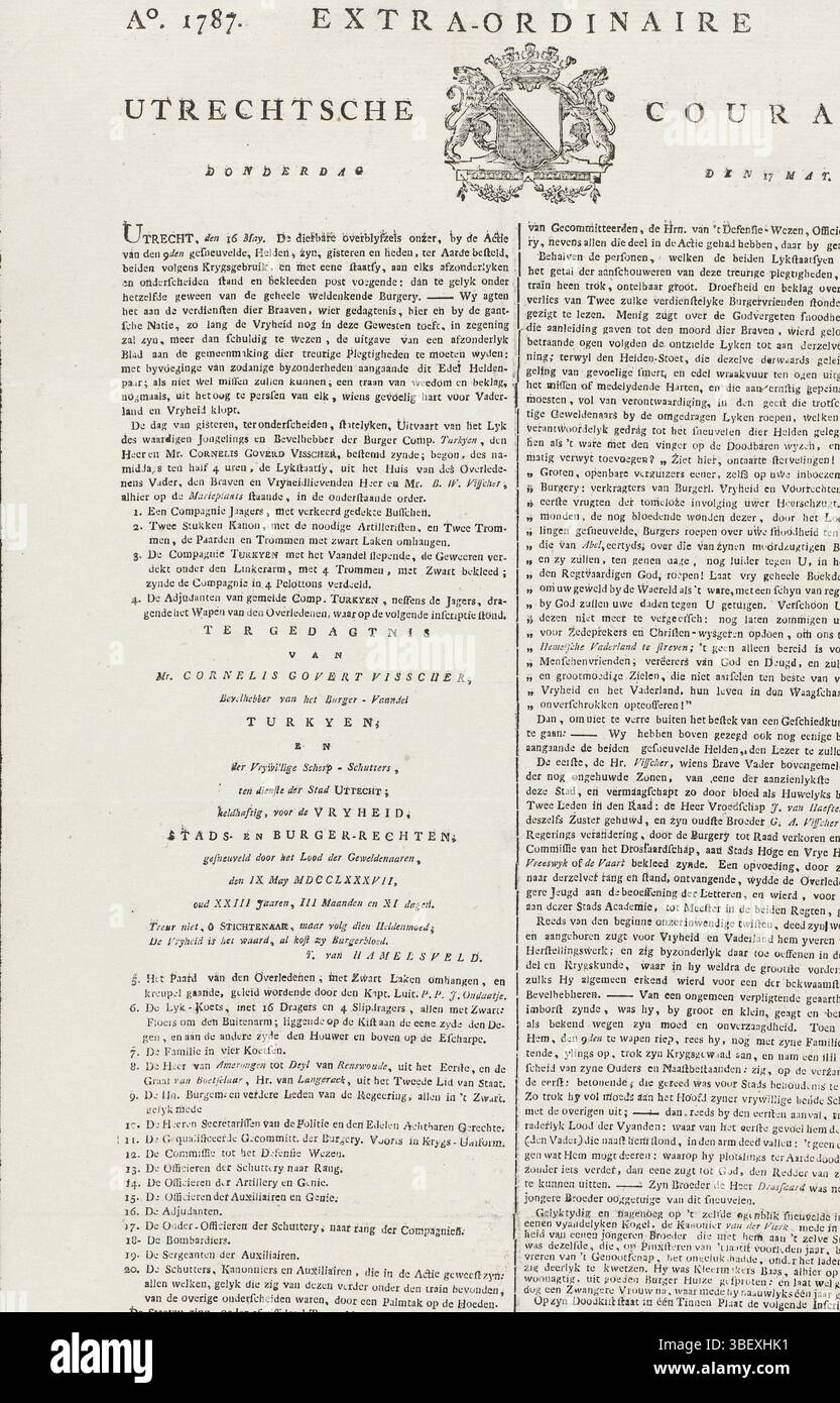 Utrecht, Sonderbeauftragter Utrechtse Courant. Donnerstag, 17. Mai. Ao. 1787. Nr. 7, Extraordinaire Utrechtse Courant vom 17. Mai 1787, Utrecht, verso - gestempelt, Episode Nr. 7 des Extraordinaire Utrechtse Courant vom 17. Mai 1787 mit einem Bericht über die Beerdigung von Cornelis Govert Visscher (schlief am 9. Mai in Vreeswijk) in Utrecht am 15. Mai 1787. Blatt bedruckt mit schwarzen Trauerrändern, Text in zwei Spalten, oben das Stadtwappen von Utrecht., Zeitung, Drucke, Frederik Müller Geschichtsplatten, Höhe 418 mm, Breite 269 mm, Publikation (Ereignis), Publikation, Herausgeber, 17. Mai 1787 - 1787- Stockfoto