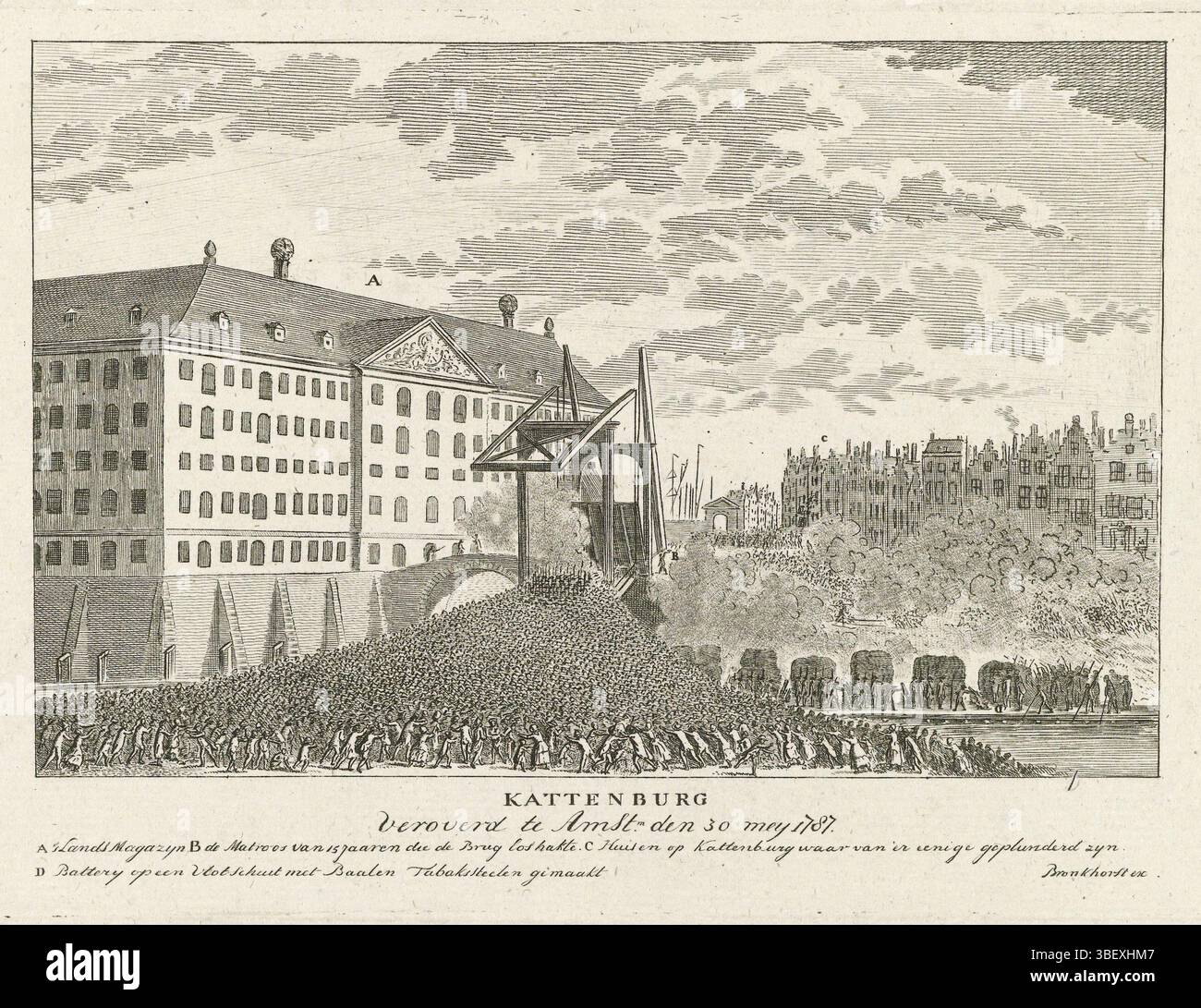 Rotterdam, Bronkhorst, Jacobus, Noordelijke Nederlanden, Kattenburg Veroverd te Amst. Den 30 mey 1787, Eroberung der Kattburger Brücke, 1787, Rotterdam, Nordholland, verso - gestempelt, die Eroberung der Kattenburger Brücke zur Insel Kattenburg durch die aufständischen Niederländer durch die bewaffneten Bürger Amsterdams, 30. Mai 1787. Für die Brücke verließ eine riesige Menschenmenge das Lands Sea Warehouse. In der Bildunterschrift die Legende A-D, in der B der Seemann von 15 Jahren ist, der die Zugbrücke abgehakt hat., Druck, Frederik Müller Geschichtsplatten, Höhe 142 mm, Breite 198 mm, Druckmacher, 1787 - 1787, Papier, e Stockfoto