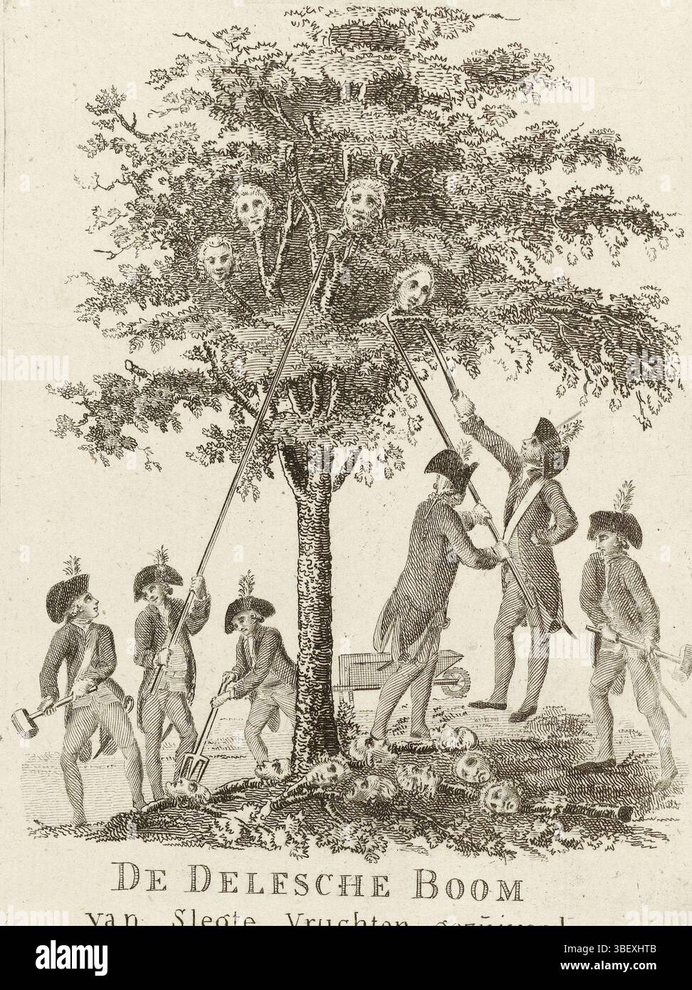 Nord-Niederlande, de Delfsche Boom van Slegte Fruits Purified, Spotprent on the Removal at Delft, 1787, Nord-Niederlande, verso - gestempelt, Spotprent on the replace the 11 council Members of Delft, 21. August 1787. Patriotisches freikorps schüttelt die Köpfe der ratsmitglieder wie faule Äpfel vom Baum, um sie mit einer Schubkarre zu entfernen., Druck, Zeichentrick, Drucke, Frederik Müller Geschichtsplatten, Höhe 185 mm, Breite 135 mm, Druckerei, 1787 - 1787, Papier, Ätzen, Gravieren, Gravieren (Druckverfahren) Stockfoto