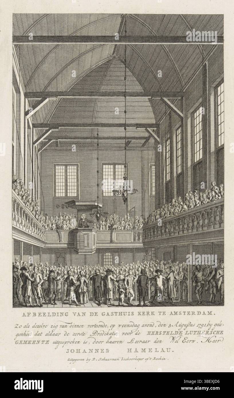 Amsterdam, Schuurman, Dirk, Noordelijke Nederlanden, Bild des Gasthuis Kerk in Amsterdam, erste Predigt für die restaurierte lutherische Kirche in der Gasthuiskerk in Amsterdam, 1791, Amsterdam, Nord-Niederlande, verso - gestempelt, erste Predigt für die restaurierte evangelisch-lutherische Kirche durch den Prediger Johannes Hamelau in der Gasthuiskerk in Amsterdam, 3. August 1791. Vollständiger Kircheninnenraum mit dem Prediger in der Kanzel., Druck, Frederik Müller Geschichtsplatten, Höhe 240 mm, Breite 180 mm, Druckerei, 1791 - 1791, Papier, Ätzen, Publikation (Ereignis), Publikation, Nederlan Stockfoto