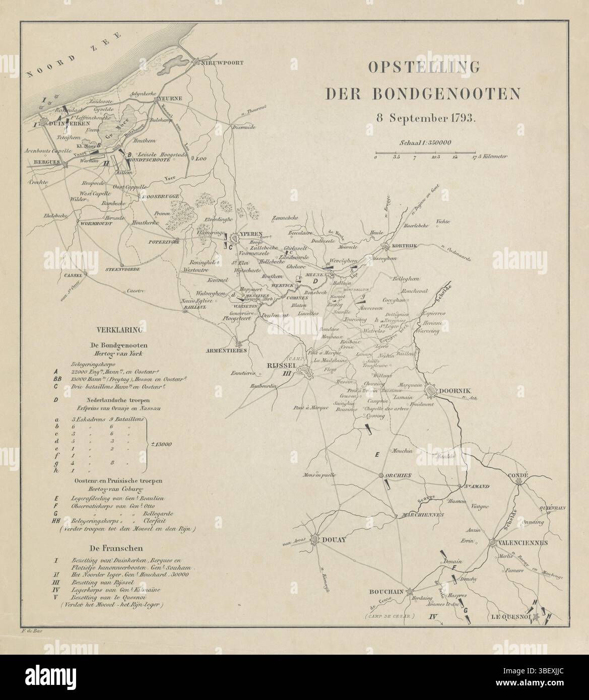 Niederlande, Bas, F. de, Verso - gestempelt, Karte der österreichischen Niederlande mit den Positionen der Koalitionstruppen und der französischen Revolutionsarmee, 8. September 1793. Frederik Müller Geschichtsplatten, Höhe 345 mm, Breite 307 mm, Druckmaschine, 1793 - 1850, Papier, Ätzen, Gravieren, Gravieren (Druckverfahren) Stockfoto