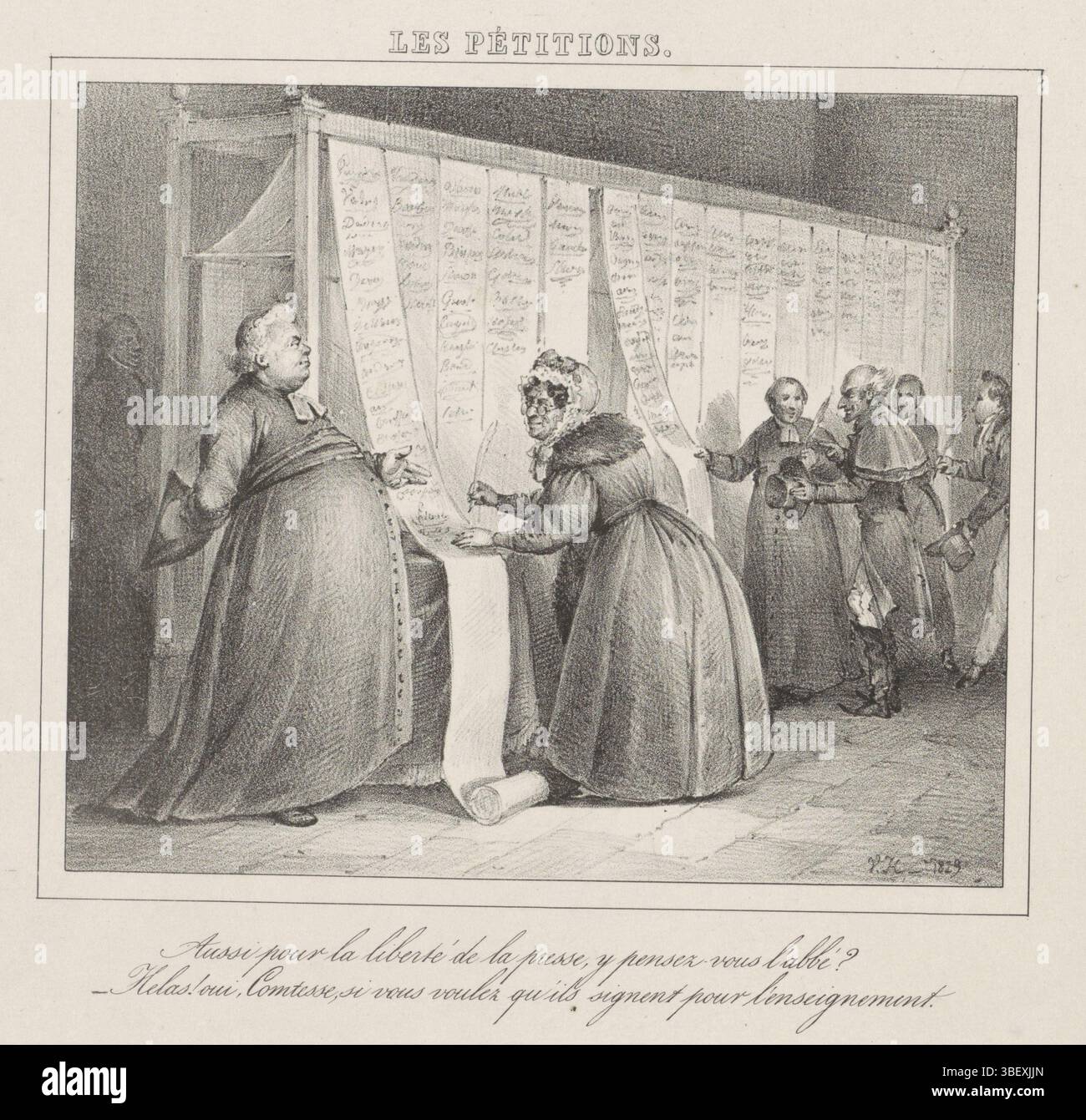 Südholland, Van Hemelryck, Jean-Louis, Les Pétitions, Spotprent über die belgischen Petitionen, 1828, Südholland, verso - gestempelt, Spotprent über die belgischen Petitionen, die Freiheit der Bildung für die Klerikspartei und die Freiheit der Druckpresse für die liberale Partei im November 1828 zu erlangen. Interessenten unterschreiben lange Papierstreifen. Mit zweizeiliger französischer Unterschrift., Druck, Zeichentrick, Drucke, Frederik Müller Geschichtsplatten, Höhe 233 mm, Breite 283 mm, Druckmaschine, 1829 - 1829, Papier, Lithografie (Technik) Stockfoto
