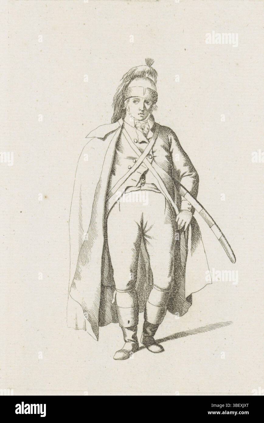 Nord-Niederlande, Bakker, C., Nord-Niederlande, Hauck, August Christian, französische Infanterie in den Niederlanden im Jahre 1795, stehender französischer Soldat, verso-gestempelt, Ein stehender französischer Soldat, von der Front. Teil einer Serie von 15 französischen Infanterieplatten, hauptsächlich Soldaten und einige Offiziere, in unregelmäßiger Uniform oder Kleidung, wie sie 1795 in die Republik kamen., Druck, Frederik Müller historische Platten, Höhe 155 mm, Breite 105 mm, Deutsch, 1742-03-1801-01-28, Drucker, 1795 - 1795, Papier, Ätzen, Gravieren, Gravur (Druckprozess), Druckerei Stockfoto
