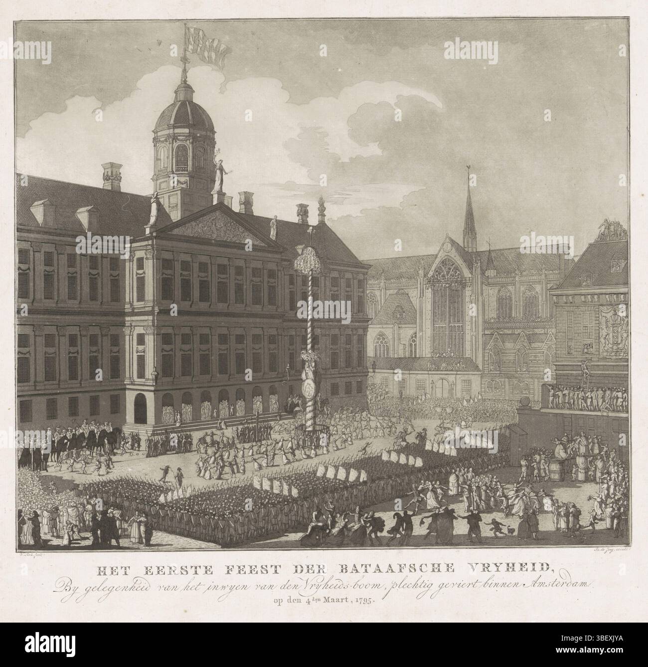 Amsterdam, Jongh, Isaak de, Nederland, Kok, Willem, Het Eerste Festival der Bataafsche Vryheid, by het inwyden van den Liberheid-Boom, gewoond geroert binnen Amsterdam op den 4.den March 1795, Festival der Vrijheid op de Dam te Amsterdam, 4 März 1795, Amsterdam, Niederlande, Festival der Vrijheid, geweerd bij de Initiation van de Libertieboom op de Dam te Amsterdam, 4. März 1795. Gesicht von oben auf dem Damplatz, wo ein Pendel von Menschen zum Freiheitsbaum tanzt, der Platz wird vom Militär abgelegt., Druck, Frederik Müller Geschichtsplatten, Höhe 475 mm, Breite 520 mm, 1761 - 1807-03-29, Printma Stockfoto