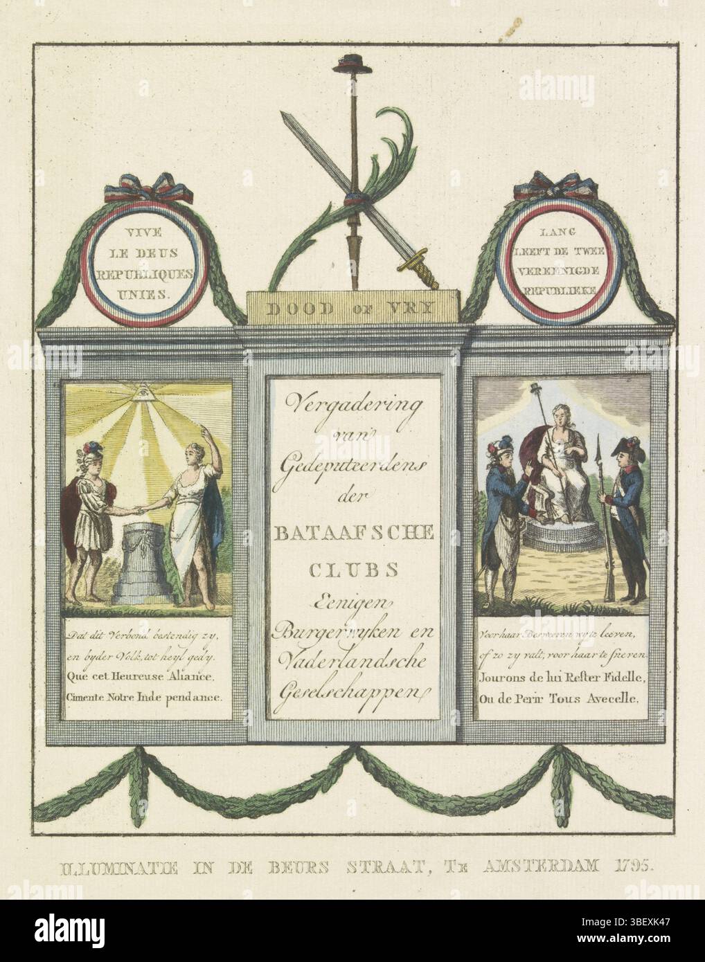 Niederlande, Schol, A. (II), dreizehn Dekorationen beim Alliance Festival in Amsterdam 1795, Illuminatie in de Beurs Straat, Te Amsterdam 1795, Dekorationen in de Beurssteeg, 1795, Niederlande, verso-gestempelt, Dekorationen in de Beurssteeg in Amsterdam, gesehen vom Damm, beim Alliance Festival am 19. Juni 1795. Gegründet durch ein Treffen von Deputys der Bataafsche Clubs, Burgerwijken und Vaderlandsche Gezelschappen in Amsterdam. Teil einer Serie von 13 Platten., Druck, Frederik Müller Geschichtsplatten, Höhe 275 mm, Breite 190 mm, Niederländisch, Druckmaschine, 1795 - 1795, Papier, Ätzen, Handfarben Stockfoto