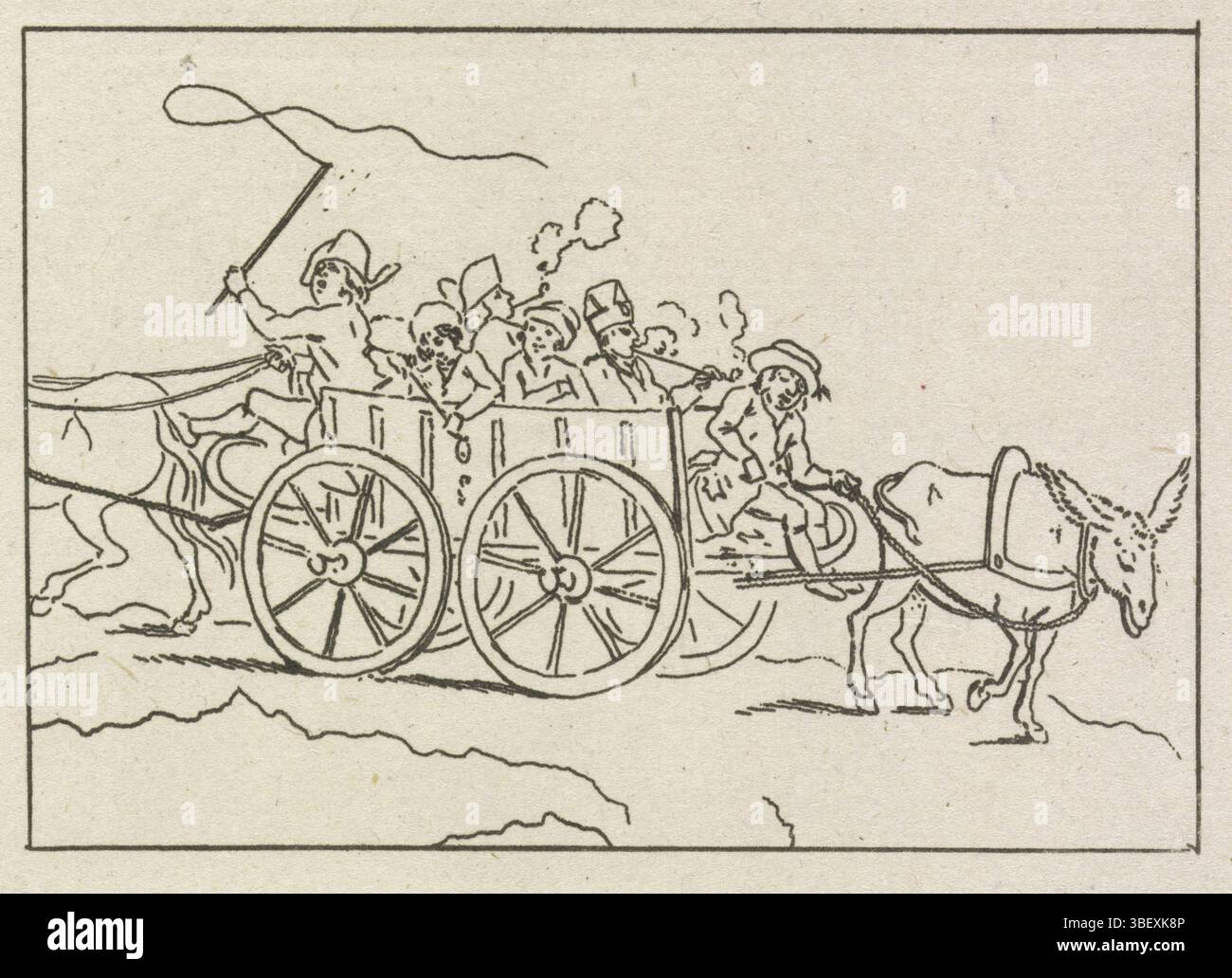 Niederlande, Woensel, Pieter Van, Lkw mit zwei Fahrern, 1796, Niederlande, verso - gestempelt, Spotprint eines Autos mit zwei Fahrern und der auf der einen Seite mit einem Pferd und auf der anderen Seite mit einem Esel ist. Gegenüber S.160: 'Aus der heutigen Herrschaft der Niederlande', Druck, Buchillustration, Zeichentrick, Drucke, Frederik Müller historische Platten, Höhe 91 mm, Breite 115 mm, Niederländisch, 1747-04-21, 1808-04-21, Drucker, 1795 - 1796, Papier, Ätzen, Ätzen' Stockfoto