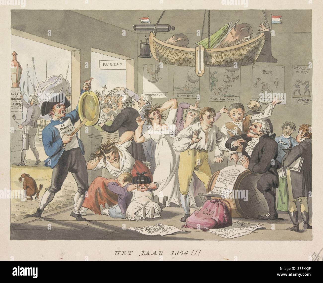 Nederland, Smies, Jacob, Nederland, Marcus, Jacob Ernst, Veelwaard, Daniel (I), Het Jaar 1804 !!!, Flugversagensreise von A. Hopman (Plaat II), 1804, Niederlande, verso - handschriftlich, Chaos im Notariat, wo Abraham Hopman und Louis Samuel Loude ihr Testament ausarbeiten lassen. Ihre Frauen ziehen ihre Haare aus dem Kopf, Kinder weinen auf dem Boden. Im Hintergrund die erfolglosen Versuche, den Ballon am 5. Juli 1804 im Overtoom in Amsterdam mit heißer Luft zu füllen. An den Wänden hängen Platten früherer gescheiterter Ballonflüge. An der Decke hängt ein Schiff mit Kanonen und Rudern Stockfoto