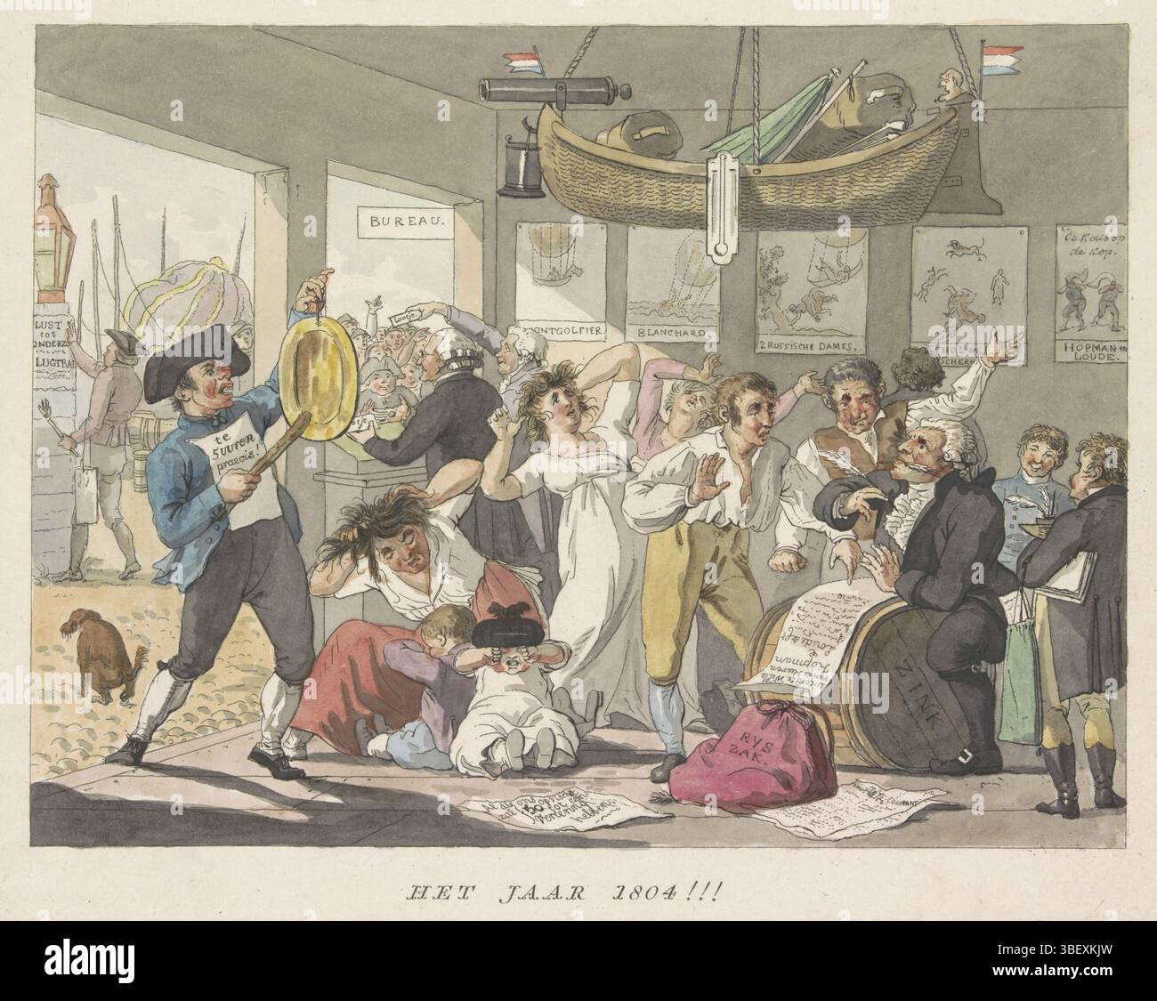 Nederland, Smies, Jacob, Nederland, Marcus, Jacob Ernst, Veelwaard, Daniel (I), Het Jaar 1804 !!!, Flugreisen aus A. Hopman (Plaat II), 1804, Niederlande, Chaos im Notariat, wo Abraham Hopman und Louis Samuel Loude ihr Testament machen. Ihre Frauen ziehen ihre Haare aus dem Kopf, Kinder weinen auf dem Boden. Im Hintergrund die erfolglosen Versuche, den Ballon am 5. Juli 1804 im Overtoom in Amsterdam mit heißer Luft zu füllen. An den Wänden hängen Platten früherer gescheiterter Ballonflüge. An der Decke hängt ein Schiff mit Kanone, Ruder, Flaggen und einem Barometer Stockfoto