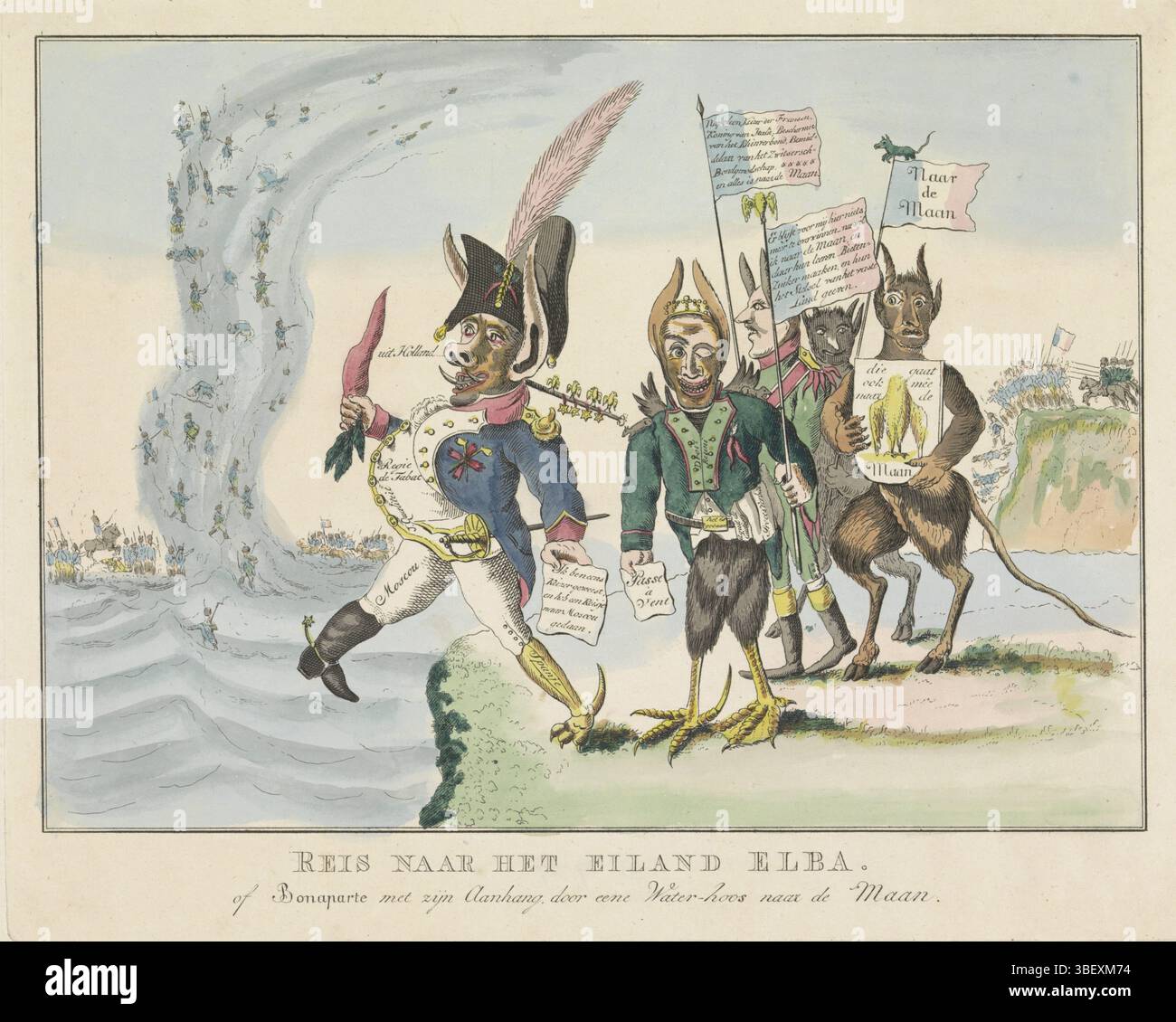 Niederlande, Esser, Wijnand, Niederlande, Reisen zur Insel Elba. Oder Bonaparte mit Zyn Aanhang Tür een Water-hoos naar de Moon, Verbannung Napoleons nach Elba, Niederlande, verso-gestempelt, Spotprent auf Napoleons Exil nach Elba und Ankunft dort am 4. Mai 1814. Napoleon als eine karikaturverformte Kreatur, die vom Land ins Wasser steigt. Hinter ihm zwei französische Generäle mit Eselohren, die Front mit Vogelbeinen. Hinter dem Teufel mit der Aufschrift „To the Moon“ (auf den Mond). Im Hintergrund rechts Kosaken, die französische Soldaten ins Wasser treiben, links französische Soldaten, die sind Stockfoto