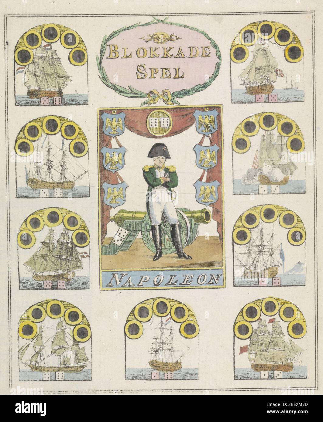 Amsterdam, Kraijenbrink, J., Niederlande, Stoopendaal, Daniel Willem, Blokkade Spel, Boardspel über Napoleons Exil nach Elba, 1814, Amsterdam, verso - gestempelt, Boardspel basierend auf Napoleons Exil nach Elba, Mai 1814. In der Mitte steht Napoleon vor einer Kanone. Um diese neun Abteilungen herum, in denen die Kriegsschiffe der Verbündeten die Blockade um die Insel Elba bildeten. Der Druck enthält ein separates Blatt mit den Spielregeln., Druck, Gameboard, Drucke, Frederik Müller Geschichtsplatten, Höhe 450 mm, Breite 350 mm, Niederländisch, 24. Januar 1776 - 15. 06. 1829, Drucker, 1814-1814, Papier, Woo Stockfoto