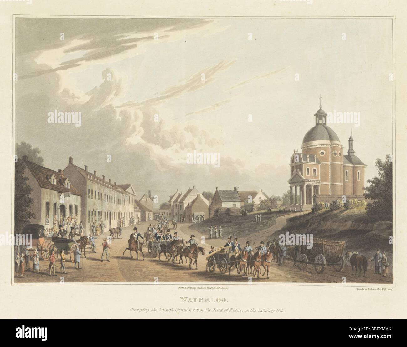 London, Bowyer, Robert, Waterloo, England, Waterloo. Am 24. Juli 1815 wurde die französische Kanone von Waterloo, London, verso gestempelt, in der Dorfstraße von Waterloo am 24. Juli 1815 durch die französische Kanone transportiert. Auf der rechten Seite die Kirche St. Joseph. Nach der Schlacht von Waterloo am 18. Juni 1815, Druck, Frederik Müller Geschichtsplatten, Höhe 305 mm, Breite 400 mm, Druckmacher, 1816-1816, Papier, Aquatint, Handfarben, fortgeschrittener Dragtsman, nach Zeichnung, Publikation (Event), Publikation, britisch, 1758-1834-04, Verlag Stockfoto