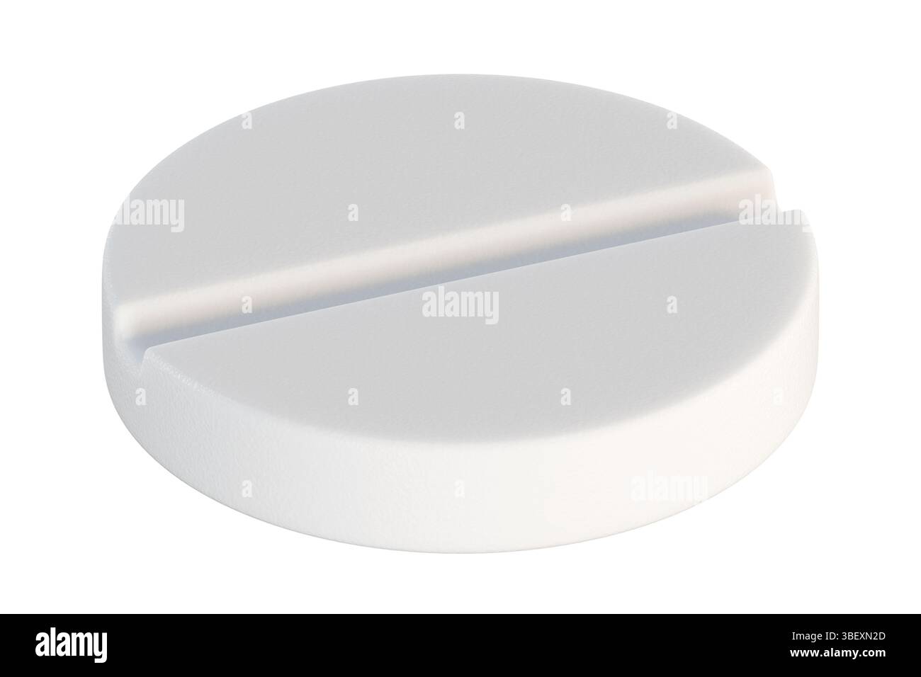 Großaufnahme einer weißen, runden Tablette oder Tablette mit Bruchkerbe, die häufig als Medikament verwendet wird. 3D-Rendering Stockfoto