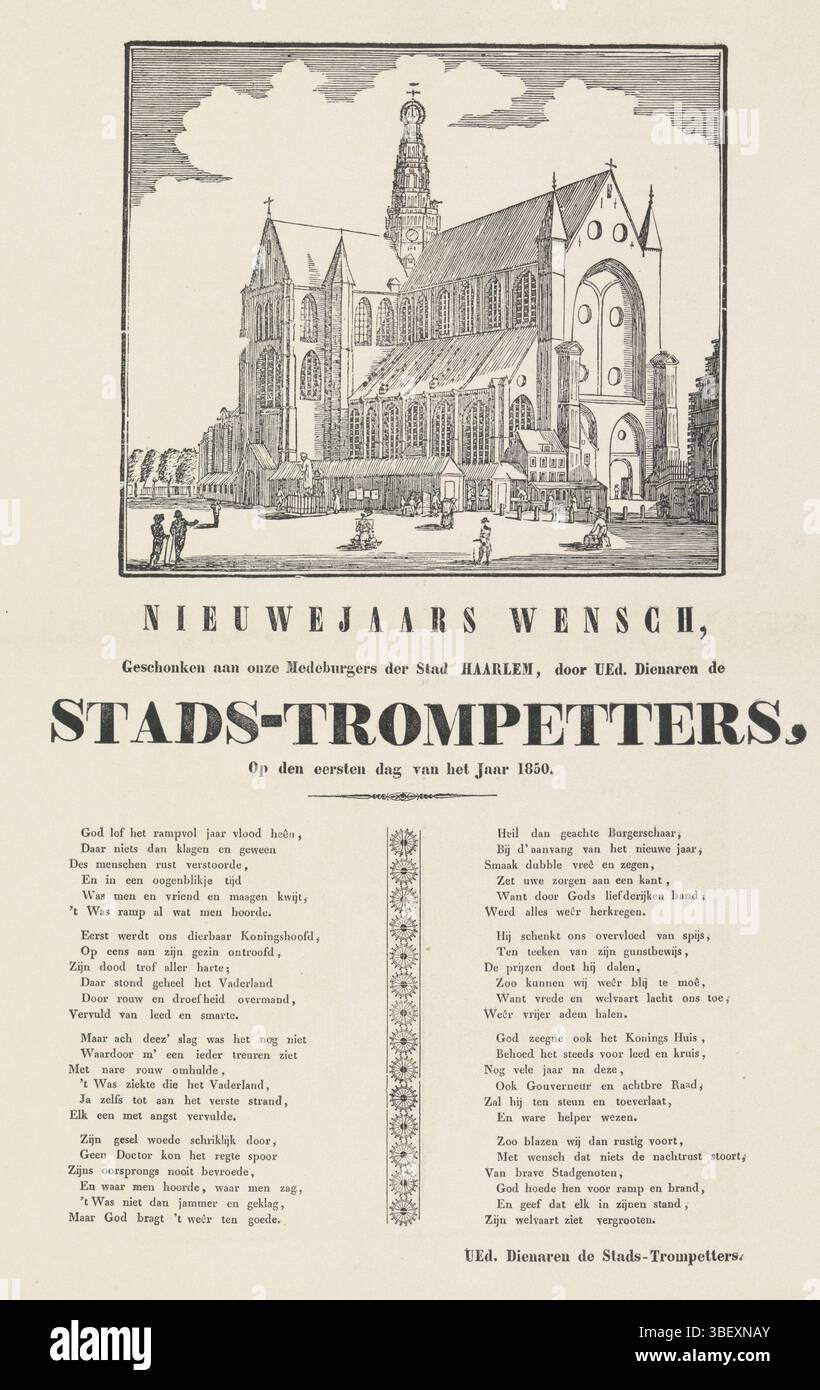 Haarlem, Neujahrswensch von Ued. Diener die Stadttrompeter 1850, Neujahrswunsch der Stadttrompeter von Haarlem für das Jahr 1850, Haarlem, verso - gestempelt, Neujahrswunsch der Stadttrompeter von Haarlem für das Jahr 1850. Blick auf die Grote Markte in Haarlem mit einem Turmwächter auf dem Turm des Saint-Bavo. Mit einem Vers in zwei Spalten., Druck, Neujahrswunsch, Drucke, Frederik Müller Geschichtsplatten, Höhe 427 mm, Breite 344 mm, Druckerei, 1849 - 1850, Papier, Buchdruck, Buchdruck, Holzschnitt Stockfoto
