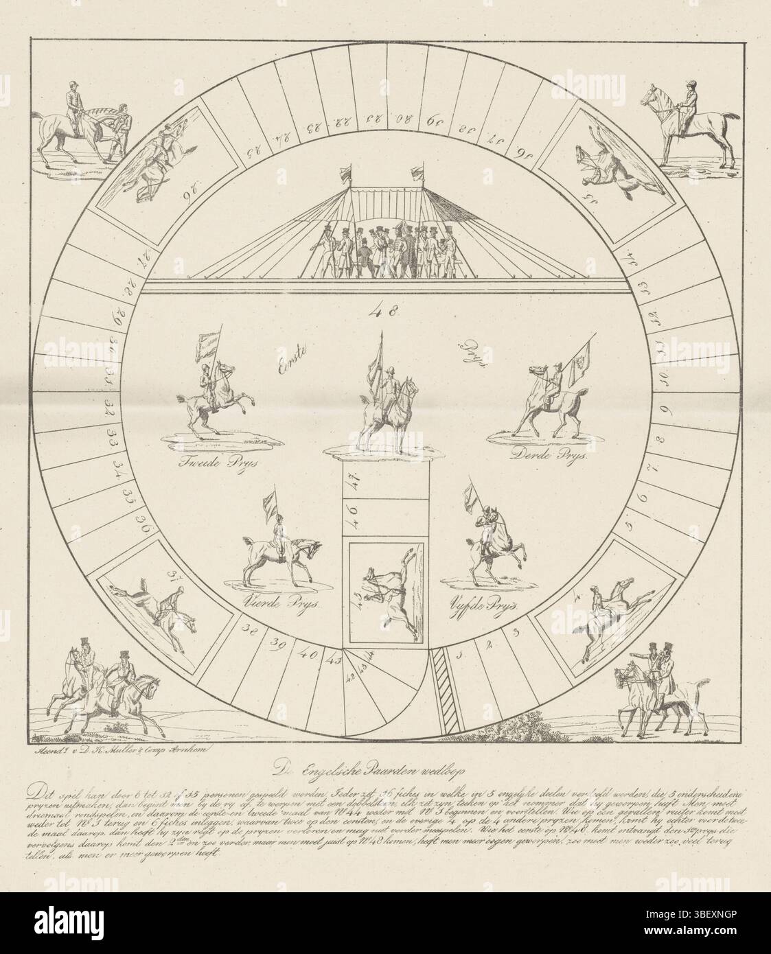 Arnhem, Muller & Co, Diedrich Carl, The English Horse Race, Game of Race, ca. 1835, Arnhem, verso - gestempelt, Brettspiel namens English Horse Race, ca. 1835. Kreisförmiges Gleis mit Boxen mit den Nummern 1-48. Mit Bildern von Pferden in einem Pferderennen, Zuschauern unter einem Zelt und verschiedenen Pferden mit ihren Reitern. Teil einer Gruppe von Kinder- und Gruppenspielen, gedruckt im Zeitraum ca. 1750-1850., Druck, Gameboard, Spielbrett, Drucke, Frederik Müller Geschichtsplatten, Höhe 490 mm, Breite 390 mm, Drucker, 1830 - 1835, Papier, Lithografie (Technik) Stockfoto