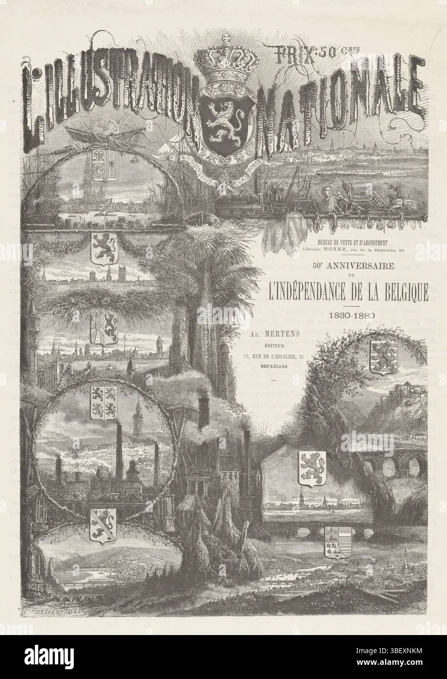 Brüssel, Mertens, Adolphe, Belgien, Puttaert, Emile, Niederlande, Weber, M., L'Illustration nationale, 50e Anniversaire L'Indépendance de la Belgique, 1830-1880, Magazin L'Illustration nationale, anlässlich des 50. Jahrestages der belgischen Unabhängigkeit, 1880, Brüssel, verso - gestempelt, Titelmagazin der Zeitschrift L'Illustration nationale, Ausgabe August 1880 anlässlich des 50. Jahrestages der belgischen Unabhängigkeit, 1830-1880. Neun Gesichter der wichtigsten belgischen Städte, dargestellt zwischen Bäumen und Türmen. Die belgische Waffe. Mit Text auf Verso., Druck, Frederik Mull Stockfoto