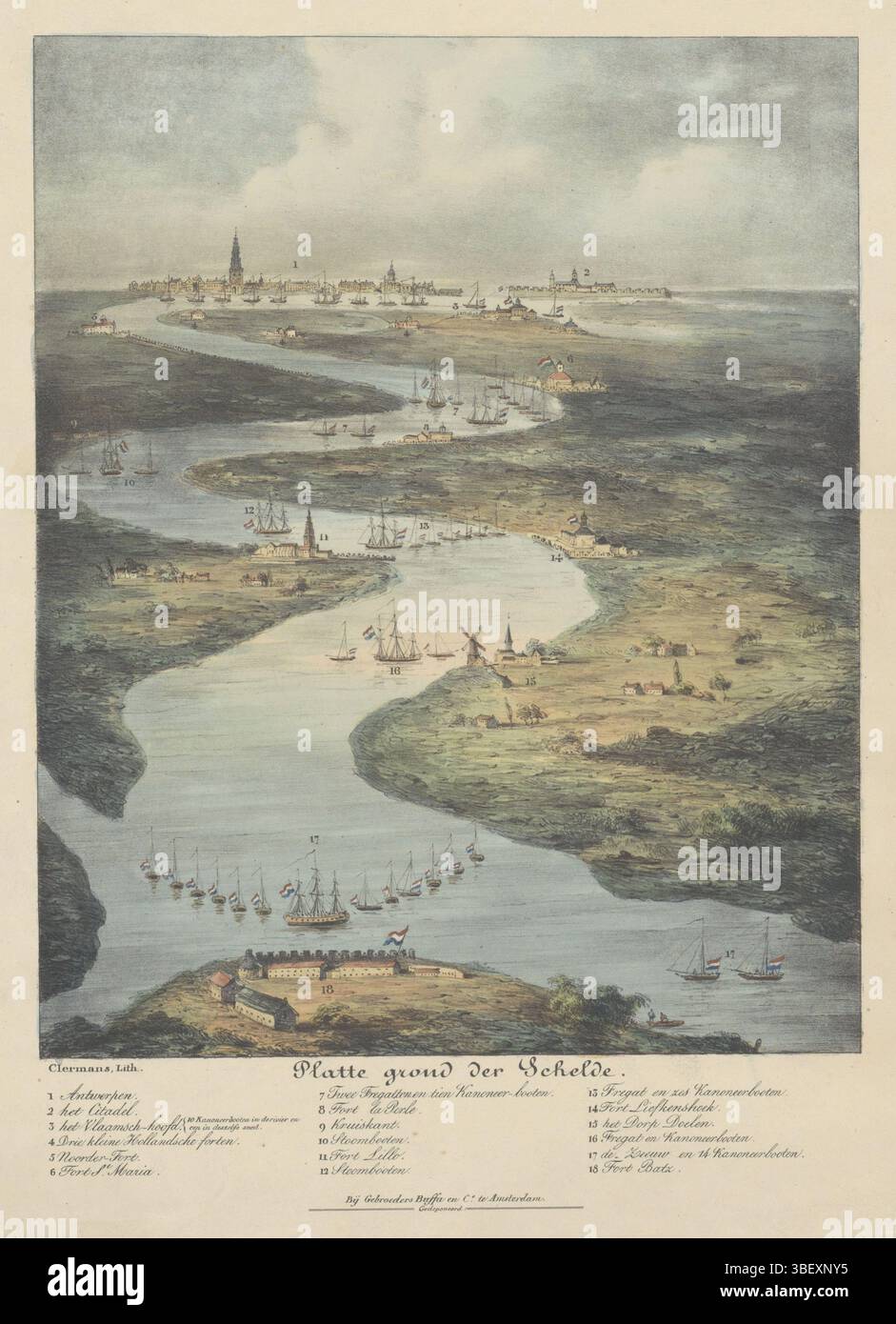 Amsterdam, Buffa & Co, Gebroeders, Nederland, Clermans, J.B., Platte grond der Schelde, Loop van de Schelde van Fort Bath to Antwerpen, 1832, Amsterdam, Niederlande, gedruckt, Blick in einer Vogelfliege auf der Schelde vom Fort Bath in Zeeland nach Antwerpen, zur Zeit der Belagerung Antwerpens im Dezember 1832. Oben auf einem Stadtprofil. Die Lage der Kanonenboote und Fregatten ist auf dem Fluss angegeben. Entlang des Flusses befinden sich die verschiedenen Rampen und Forts. Unten auf der Legende 1-18., Druck, Frederik Müller Geschichtsplatten, rückseitig - eingeprägt, Höhe 377 mm, Breite 295 mm, Niederländisch, Stockfoto