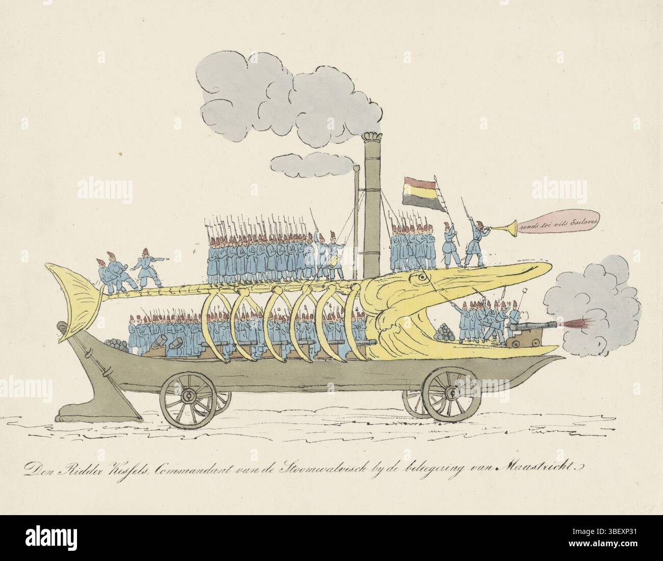 Niederlande, den Ridder Kessels, Kommandant der Stoomwalvisk bei der Infektion von Maastricht, de Steam Wale van Kessels, 1830-1831, Niederlande, verso - gestempelt, Spotprent auf General Herman Kessels und sein Walrahmen, 1830-1831. Das Walskelett ist mit Rädern und einer Dampfmaschine ausgestattet und wird von belgischen Rebellen bemannt. Eine Kanone wird aus dem Mund abgefeuert. Der Titel bezieht sich auf die belgische Belagerung von Maastricht in den Jahren 1830-1831., Druck, Zeichentrick, Drucke, Frederik Müller Geschichtsplatten, Höhe 242 mm, Breite 301 mm, Druckerei, Papier, Lithografie (Technologie), Handfarben Stockfoto