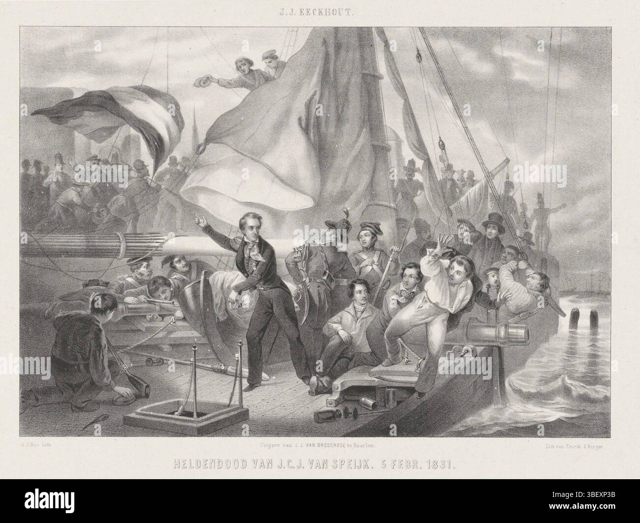 Haarlem, Brederode, J.J. van, Haarlem, Emrik & Binger, Nederland, Eeckhout, Jacob Joseph, Bos, Gerardus Johannes, Herodendood van J.C.J. van Speijk. Feb. 1831, Jan van Speijk im Begriff, die Sicherung in den Laderaum zu werfen, 1831, Niederlande, verso - gestempelt, de Overwelling van de Cannon Boat van Jan van Speijk von belgischen Aufständischen, 5. Februar 1831. Jan van Speijk ist dabei, die brennende Sicherung in den Laderaum zu werfen. Seine rechte Hand zeigt auf die winkende niederländische Flagge. Rechts springt ein Junge über Bord., Druck, Historiker, Drucke, Frederik Müller Geschichtsplatten, Höhe 356 mm, Breite 530 mm, 09.04.1825 Stockfoto