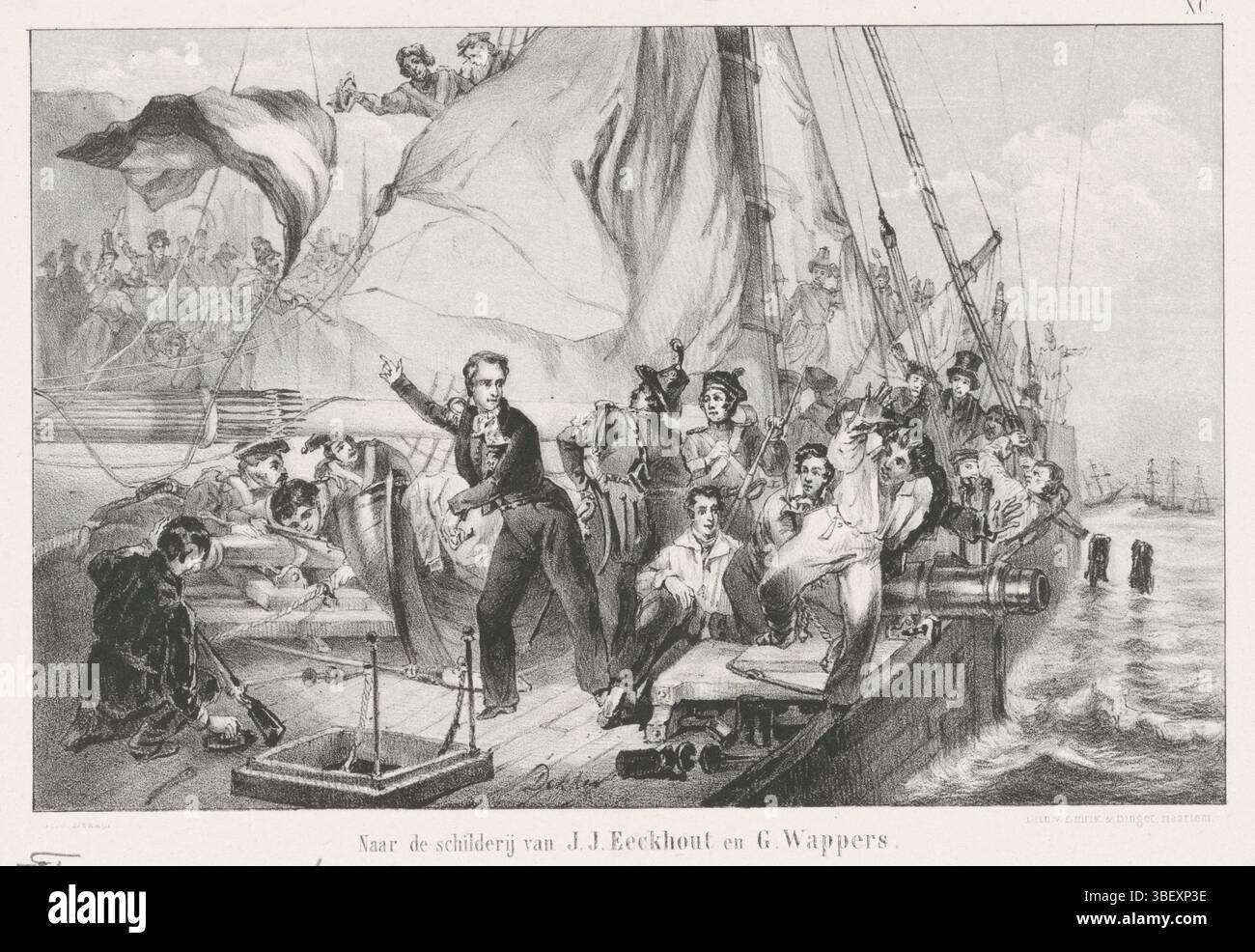 Haarlem, Emrik & Binger, Wappers, Gustave, Eeckhout, Jacob Joseph, Nederland, Dekker, H.J., Jan van Speijk am Rande des Werfens der Sicherung in den Laderaum, 1831, Haarlem, Niederlande, verso - gestempelt, die Aussicht auf Jan van Speijks Kanonenboot von belgischen Aufständischen, 5. Februar 1831. Jan van Speijk ist dabei, die brennende Sicherung in den Laderaum zu werfen. Seine rechte Hand zeigt auf die winkende niederländische Flagge. Rechts springt ein Junge über Bord. Nummeriert oben rechts: XC., Druck, Historiker, Drucke, Frederik Müller Geschichtsplatten, Höhe 163 mm, Breite 241 mm, Niederländisch, Druckerei, 1853 - 1861, Papier, Lithogra Stockfoto