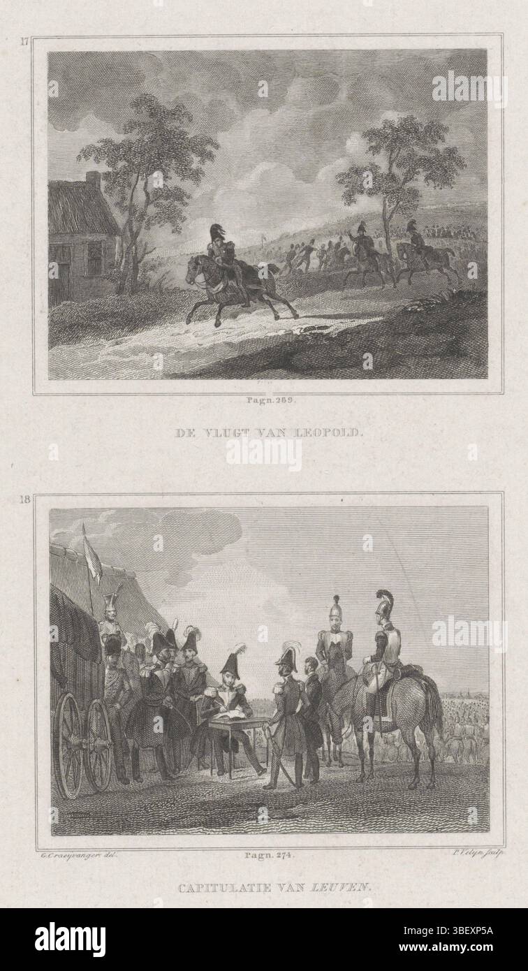 Niederlande, Craeyvanger, Gijsbertus, Niederlande, Velijn, Philippus, de snelt van Leopold, Kapitulation von Leuven, Flucht von König Leopold, Kapitulation von Leuven; während der zehn-Tage-Kampagne, 1831, verso-gestempelt, Blatt mit zwei Ereignissen aus der zehn-Tage-Kampagne, nummeriert 17 und 18. Oben: Die Flucht von König Leopold I. unter: Die Kapitulation von Löwen. Teil einer Gruppe von 24 Illustrationen aus Oliviers Buch über die zehntägige Kampagne, 2.-12. August 1831. Drucke, Frederik Müller Geschichtsplatten, Höhe 206 mm, Breite 130 mm, Niederländisch, 1787-01-1836-04, Printmaker, 183 Stockfoto Niederlande, Craeyvanger, Gijsbertus, Niederlande, Velijn, Philippus, de snelt van Leopold, Kapitulation von Leuven, Flucht von König Leopold, Kapitulation von Leuven; während der zehn-Tage-Kampagne, 1831, verso-gestempelt, Blatt mit zwei Ereignissen aus der zehn-Tage-Kampagne, nummeriert 17 und 18. Oben: Die Flucht von König Leopold I. unter: Die Kapitulation von Löwen. Teil einer Gruppe von 24 Illustrationen aus Oliviers Buch über die zehntägige Kampagne, 2.-12. August 1831. Drucke, Frederik Müller Geschichtsplatten, Höhe 206 mm, Breite 130 mm, Niederländisch, 1787-01-1836-04, Printmaker, 183 Stockfoto