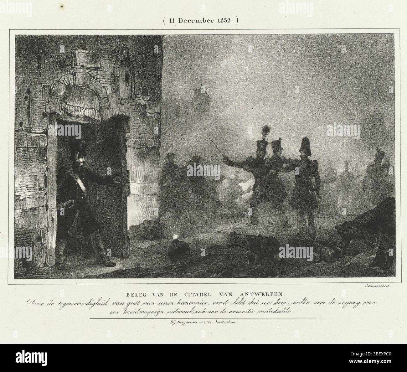 Amsterdam, Desguerrois & Co., Niederlande, Steyn, Johannes, vier Aufzeichnungen über die Verteidigung der Zitadelle am 10-18. Dezember 1832, Belagerung der Zitadelle von Antwerpen, (11. Dezember 1832.), Amsterdam, verso-gestempelt, Ein Schütze verhindert, dass eine Bombe das Schießpulverlager erreicht, 11. Dezember 1832. Teil einer Serie von vier Aufzeichnungen über die niederländische Verteidigung während der Belagerung der Zitadelle von Antwerpen durch die französische Armee, Dezember 1832., Druck, Frederik Müller Geschichtsplatten, hinterlegt, unten rechts - gedruckt, Höhe 255 mm, Breite 355 mm, Niederländisch, 1805-11-30 - 1840-12-18, Druckmaschine, 1832 - 1833, Papier, Lithographie ( Stockfoto