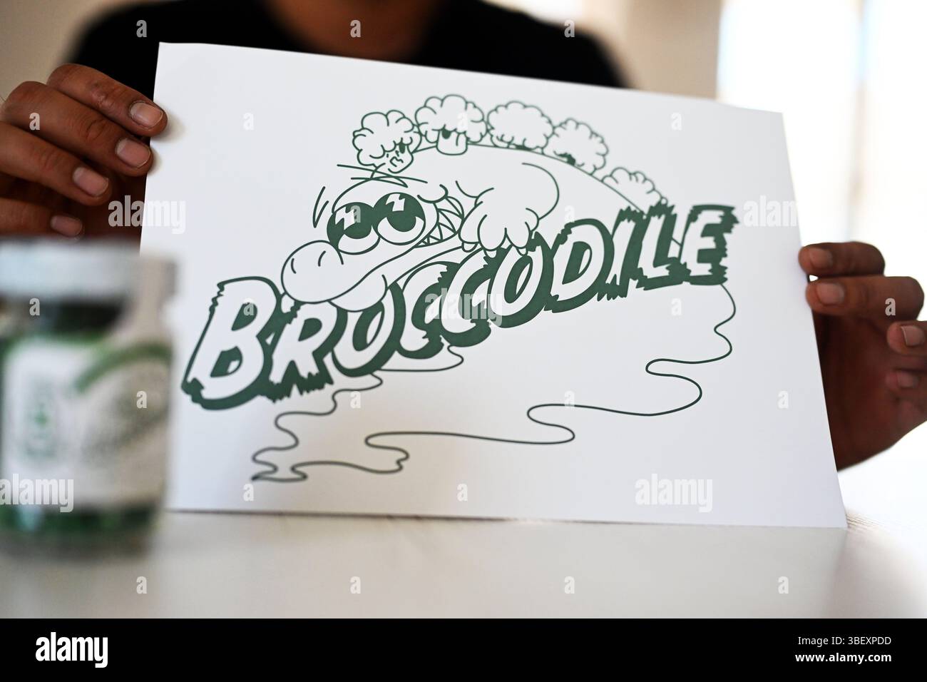 Oberderdingen, Deutschland. 30. Mai 2025. Felix Huynh, Managing Director von Broccodile, trägt das Logo seines Unternehmens. Lacoste warnte das Unternehmen, weil es ein Krokodillogo hat, das dem von Lacoste ähneln soll. Quelle: Uli Deck/dpa/Alamy Live News Stockfoto