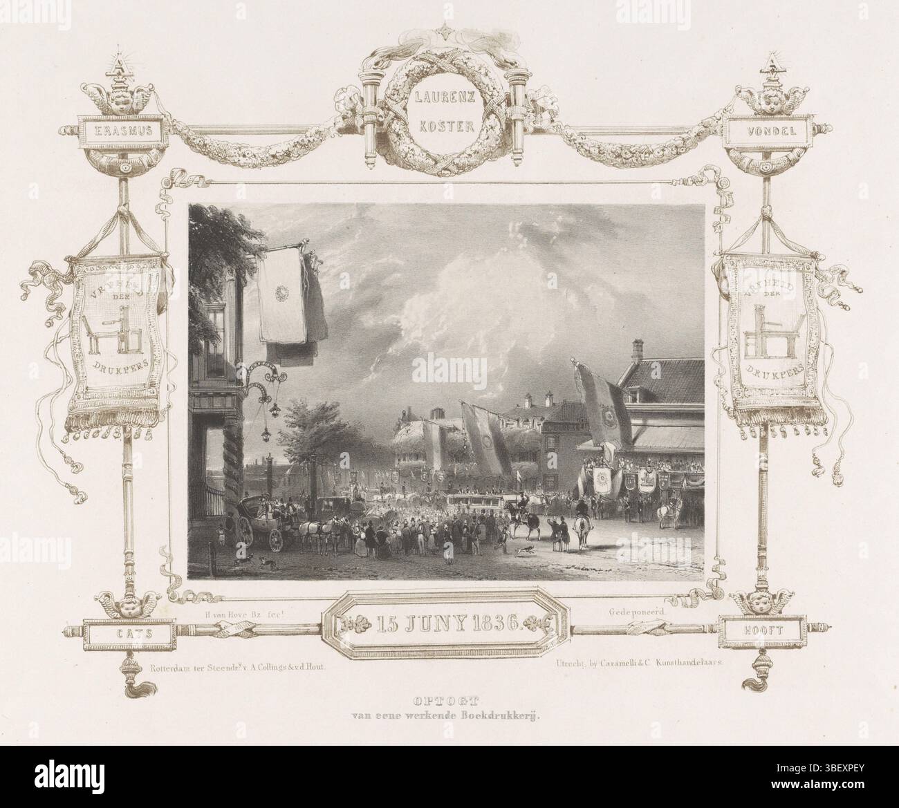 Utrecht, Caramelli & Co., Rotterdam, Collings & van den Hout, A., Niederlande, Hove BZ, Huib van, Aufnahme der Feierlichkeiten zum 2. Jahrhundert Festival der Utrechtschen Hogeschool, 1836, Optogt van eenwerking Boekdrukkerij, 15. Juni 1836, Optogt met een boekdrukkerij, Utrecht, onder - drukeren, Aankomst en ontvangst op het Vredenburg van de processie van boekdrukkers met een working boekdrukkerij, 15. Juni 1836. In einem farbigen dekorativen Rahmen mit Bannern mit der Freiheit der Druckpresse und Namen wichtiger niederländischer Schriftsteller. Teil der Serie von sechs unnummerierten Platten der Festiviti Stockfoto