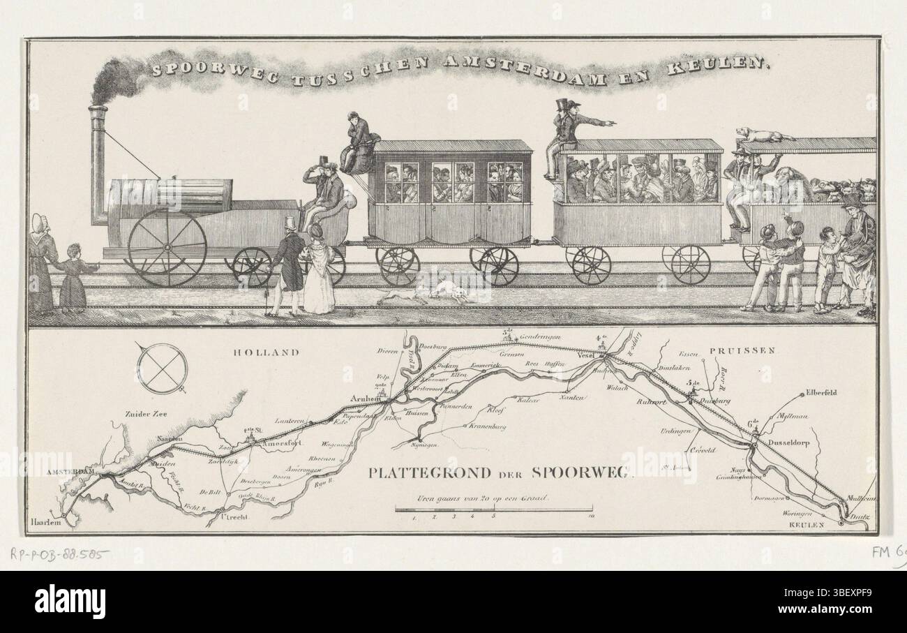 Niederlande, Bahnstrecke Amsterdam–Köln, Plan für eine Bahnstrecke Amsterdam–Köln, 1834, Niederlande, verso-gestempelt, Plan für den Bau einer Bahnstrecke Amsterdam–Köln von Lieutenant-Col William Archibald Bake (mit A. Willink und D. Borski), 21. August 1834. Oben auf dem Bild einer primitiven Dampflokomotive mit zwei Personenwagen und einem Viehwagen. Unten ist eine Karte des Verlaufs der geplanten Bahnstrecke. Diese Kopie ohne die entsprechenden Texte., Druck, Frederik Müller Geschichtsplatten, Höhe 166 mm, Breite 283 mm, Druckmaschine, 1834 - 1834, Papier, Stockfoto