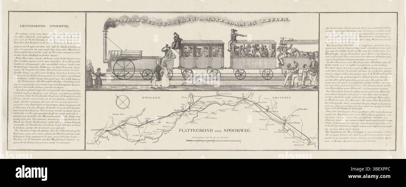 Niederlande, Bahnstrecke Amsterdam–Köln, Plan für eine Bahnstrecke Amsterdam–Köln, 1834, Niederlande, verso-gestempelt, Plan für den Bau einer Bahnstrecke Amsterdam–Köln von Lieutenant-Col William Archibald Bake (mit A. Willink und D. Borski), 21. August 1834. Oben auf dem Bild einer primitiven Dampflokomotive mit zwei Personenwagen und einem Viehwagen. Unten ist eine Karte des Verlaufs der geplanten Bahnstrecke. Diese Kopie mit den entsprechenden Texten auf beiden Seiten., Druck, Frederik Müller Geschichtsplatten, Höhe 224 mm, Breite 486 mm, Druckmaschine, 1834 - 1 Stockfoto