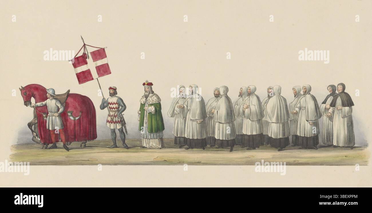 Leiden, Arz & Co., August, Utrecht, Houtman, Johannes Paulus, Niederlande, Costumede Optogt. Der Empfang von Willem II. Graf von Holland Roomsch Koning in Utrecht im Januar 1249 durch Schüler der HH anlässlich des 25. Jahres der Restauration der Utrechter High School den 2. Junij 1841, kostümierte Parade von 1841: könig und Klerus (Seite IV), Leiden, Niederlande, verso-gestempelt, Ein Pferd ohne Reiter, Ein König gefolgt von einer Gruppe Geistlicher in weißen oder grauen Mänteln. Das Blatt nummerierte IV in der Serie von achtzehn Aufzeichnungen über die historische Kostümparade, die den Empfang Couns darstellt Stockfoto