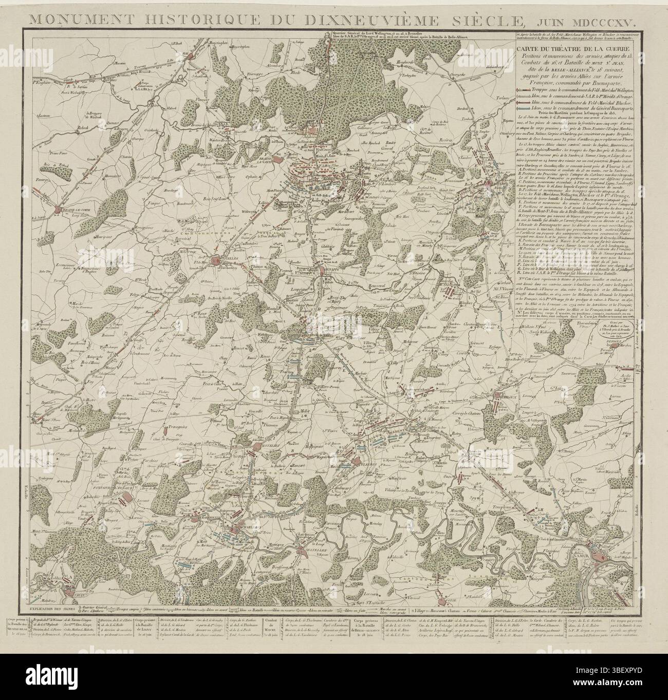 Vilvoorde, Maillart, Philippe Joseph, Vilvoorde, Jeanne, Carte du Théatre de la Guerre, Positions et mouvements des armées, attaques du 15, Combattats du 16. Et Bataille de Mont St. Jean, dite de la Belle-Alliance, le 18 suivant, gagnée par les armées Alliées sur l’armée Francaise, Commandée par Buonaparte, Monument Historique du Dixneuvième Siècle, Juin MDCCCXV, Karte der Schlachten in der Nähe und um Waterloo, 1815, vero - gestempelt, Karte des Gebiets in dem die Schlachten in Quatre-Bras ausgetragen wurden, 15-18. Juni und 1815. Karte mit den Positionen der verschiedenen Armeen. Oben rechts den Titel und Stockfoto