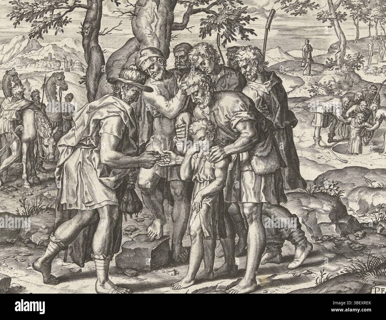 Furnius, Pieter Jalhea, Furnius, Geschichte Joseph, von seinen Brüdern verkauft, Recto - Handschrift in brauner Tinte, der schreiende Joseph wird von seinen Brüdern an wandernde Kaufleute verkauft. Rechts im Hintergrund wird er in den Brunnen fallen gelassen. Unterhalb der Aufführung befindet sich eine lateinische Textzeile, die links nummeriert ist: 1. Der Druck ist Teil einer Serie von Drucken über das Leben von Jozef., Print, verso - gestempelt, vente de joseph, 29, Höhe 215 mm, Breite 273 mm, 1540 - 1626, Drucker, 1572 - 1572, Papier, Gravur, Gravur (Druckverfahren), Arbeitskonzept nach eigenem Entwurf Stockfoto