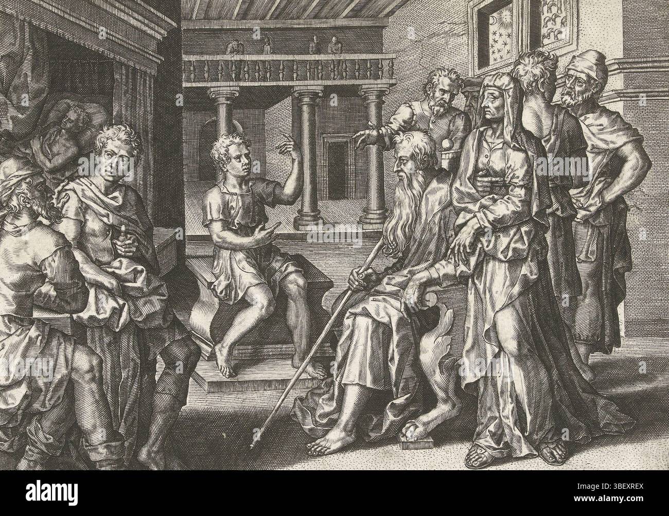 Furnius, Pieter Jalhea, Furnius, Geschichte Josephs, Joseph erzählt Jakob seinen Traum, Recto - Handschrift in brauner Tinte, in einem Zimmer mit einem himmlischen Bett, der junge Joseph erzählt seinem Vater und seinen Brüdern seinen Traum. Unterhalb der Aufführung befindet sich eine lateinische Textzeile, die links nummeriert ist: 1. Der Druck ist Teil einer Serie von Drucken über das Leben von Jozef., Print, verso - gestempelt, Young de josaph, 19, Höhe 214 mm, Breite 273 mm, 1540 - 1626, Drucker, 1572 - 1572, Papier, Gravur, Gravur (Druckverfahren), Arbeitskonzept nach eigenem Entwurf Stockfoto