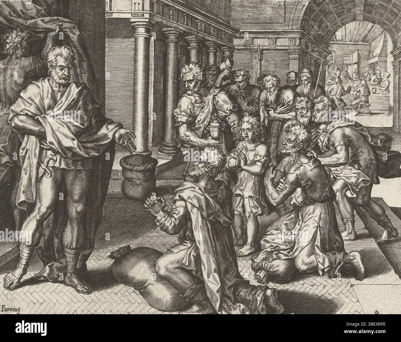 Furnius, Pieter Jalhea, Furnius, Geschichte Josephs, Joseph beschuldigt Benjamin des Diebstahls, Recto - Handschrift in brauner Tinte, die Brüder Josephs knieten vor ihm. Sie flehten Joseph an, Benjamin nicht in Ägypten zu verlassen. Der junge Benjamin steht mit gefalteten Händen zwischen seinen Brüdern. Im Hintergrund die Versöhnungsmahlzeit. Unter dem Bild befindet sich eine lateinische Textzeile, die rechts mit 8 nummeriert ist. Der Druck ist Teil einer Druckserie über das Leben von Jozef., Druck, verso - geprägt, z. B. joseph donne du Bled a ses freres, 68, Höhe 217 mm, Breite 274 mm, 1540 - 1626, Printmaker, 1572 - 1572 Stockfoto